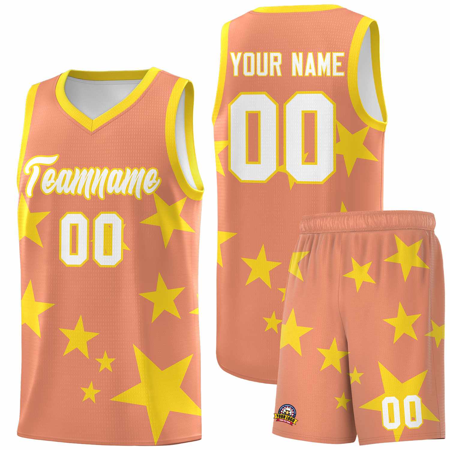 Custom Light Orange Gold Graffiti Pattern Star Print Basketball Jersey Sets