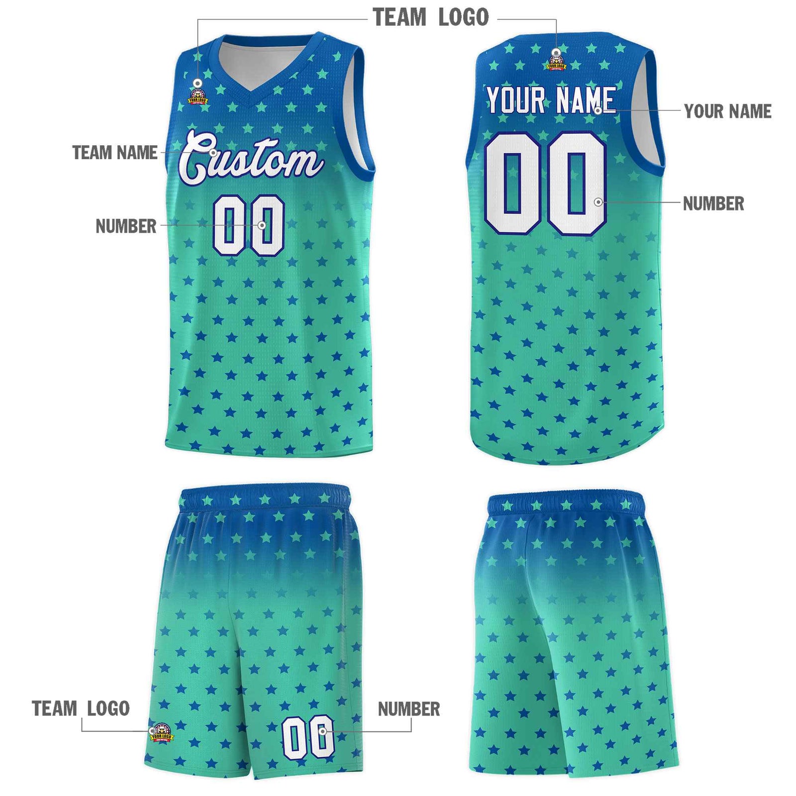 Custom Royal Bright Green Gradient Start Pattern Basketball Jersey Sets