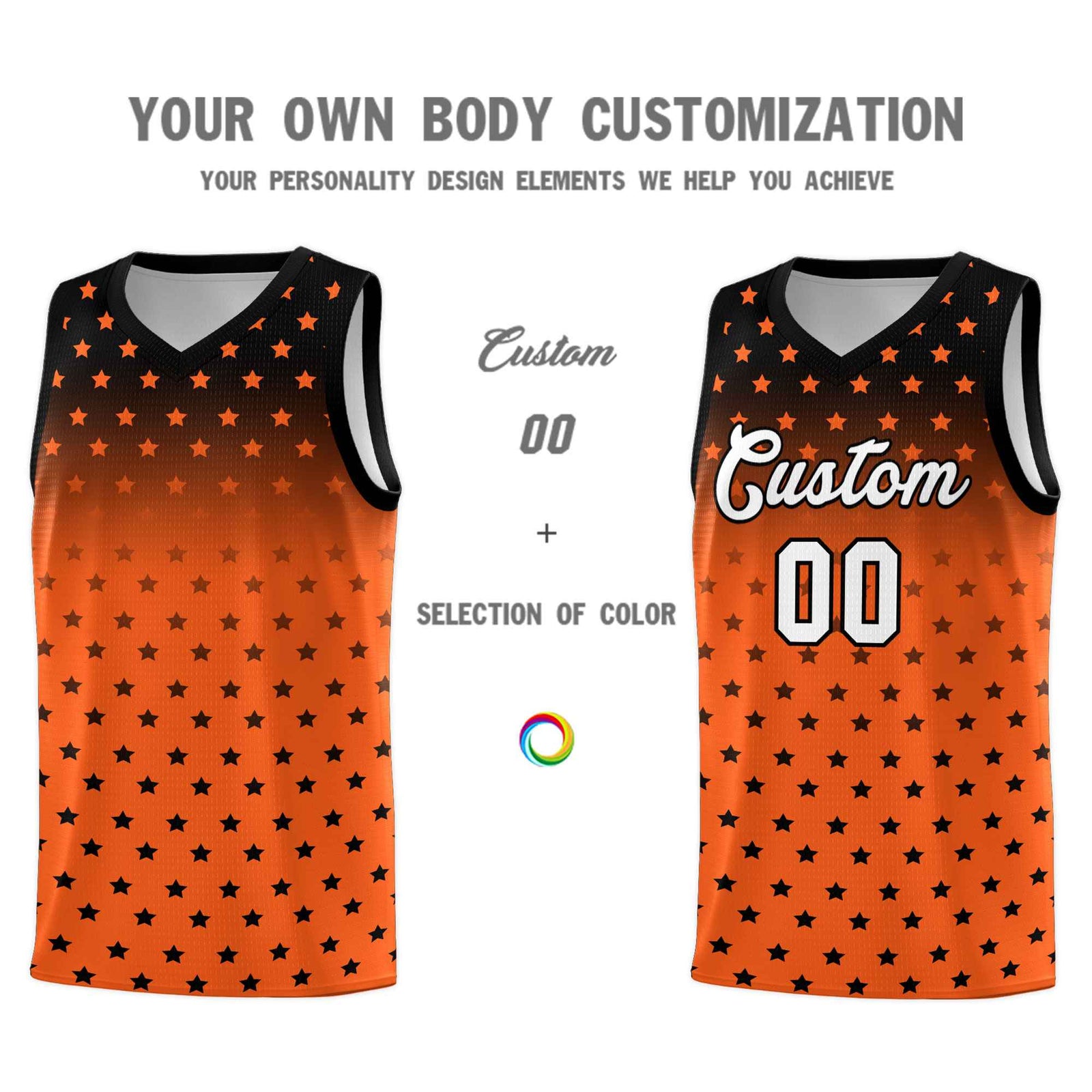 Custom Black Orange Gradient Start Pattern Basketball Jersey Sets