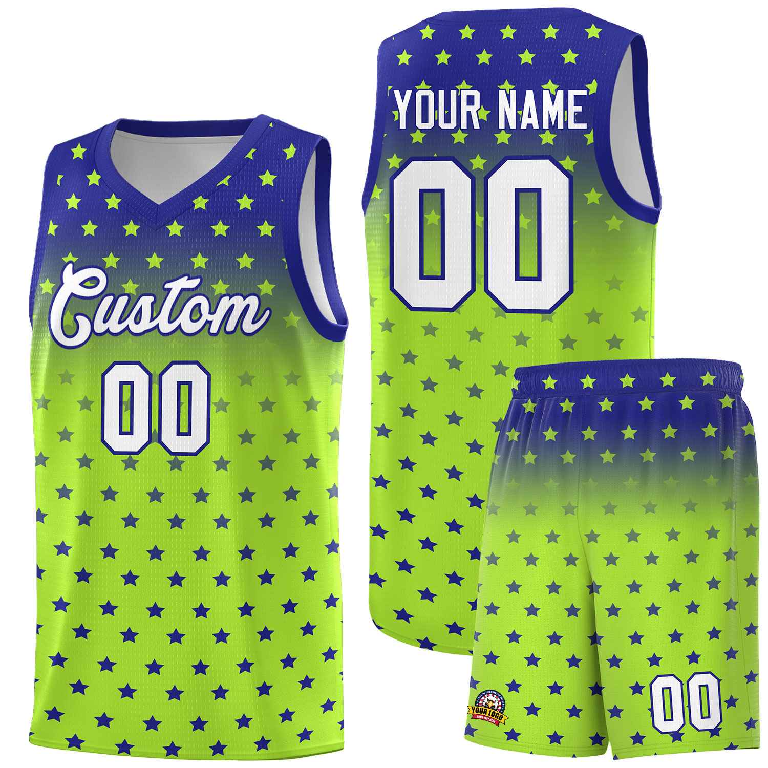 Custom Royal Light Green Gradient Start Pattern Basketball Jersey Sets