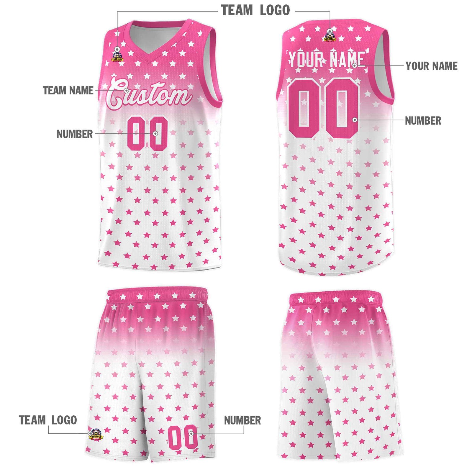 Custom Pink White Gradient Start Pattern Basketball Jersey Sets