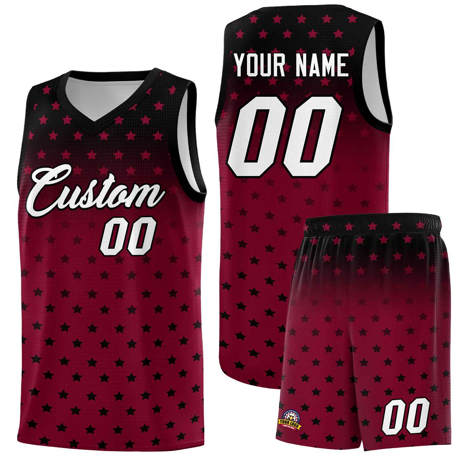 Custom Black Crimson Gradient Start Pattern Basketball Jersey Sets