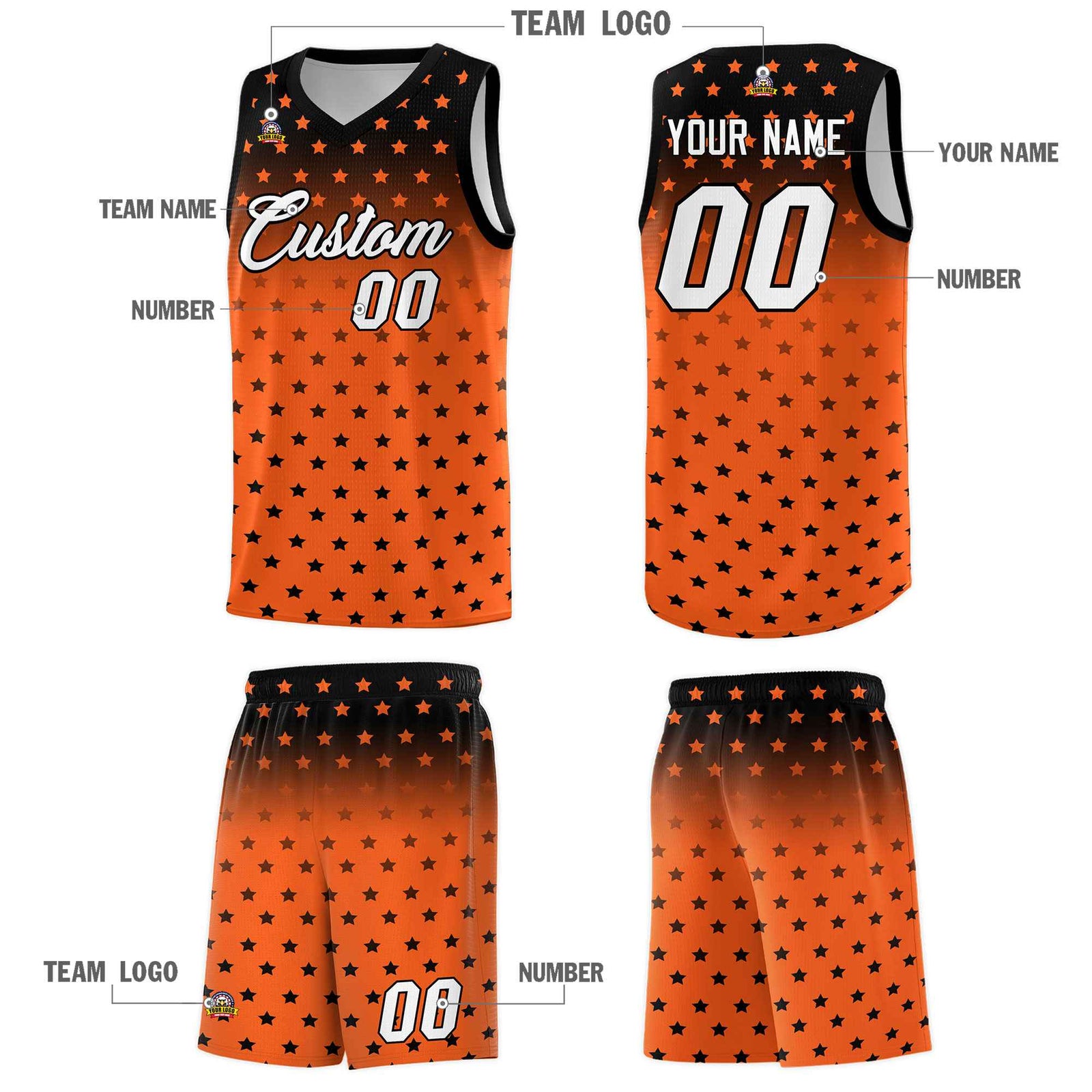 Custom Black Orange Gradient Start Pattern Basketball Jersey Sets
