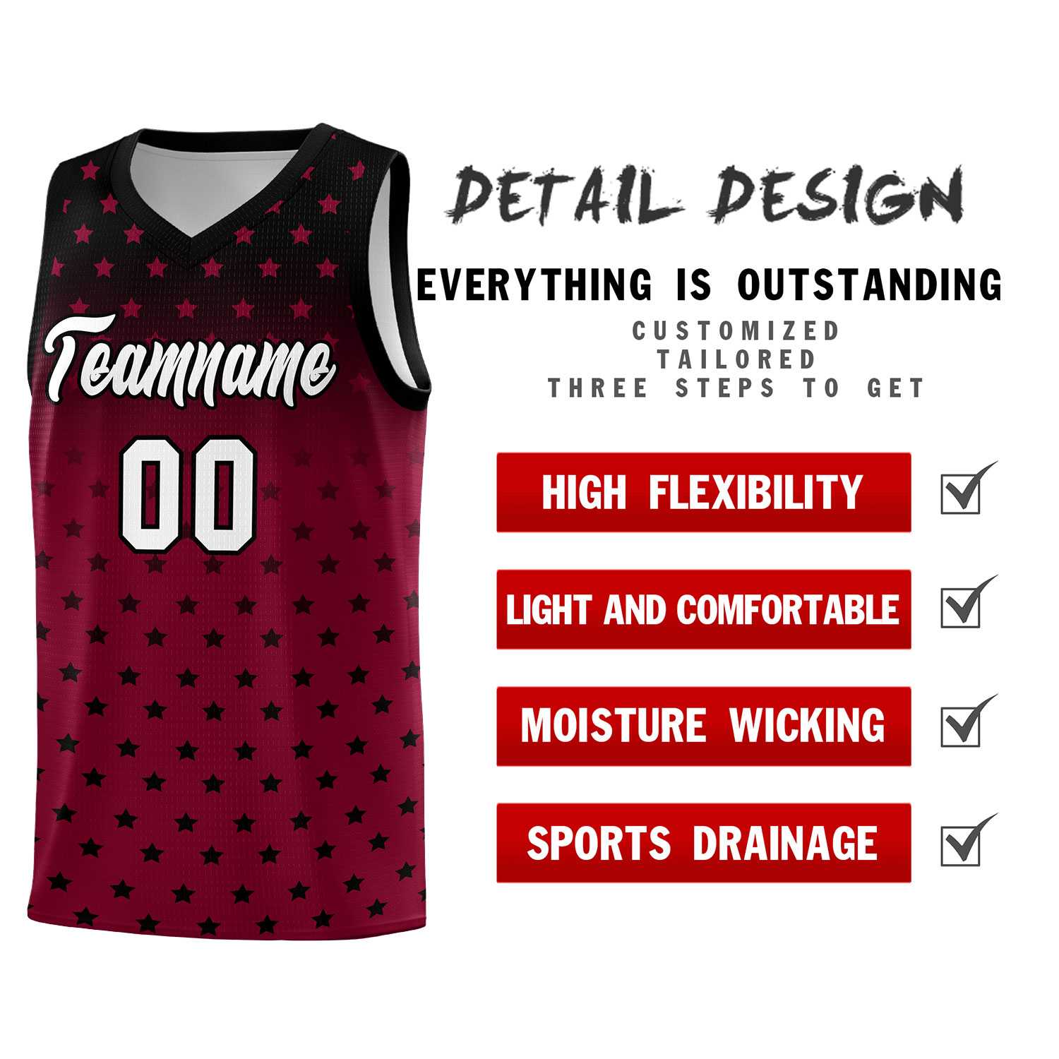 Custom Black Crimson Gradient Start Pattern Basketball Jersey Sets