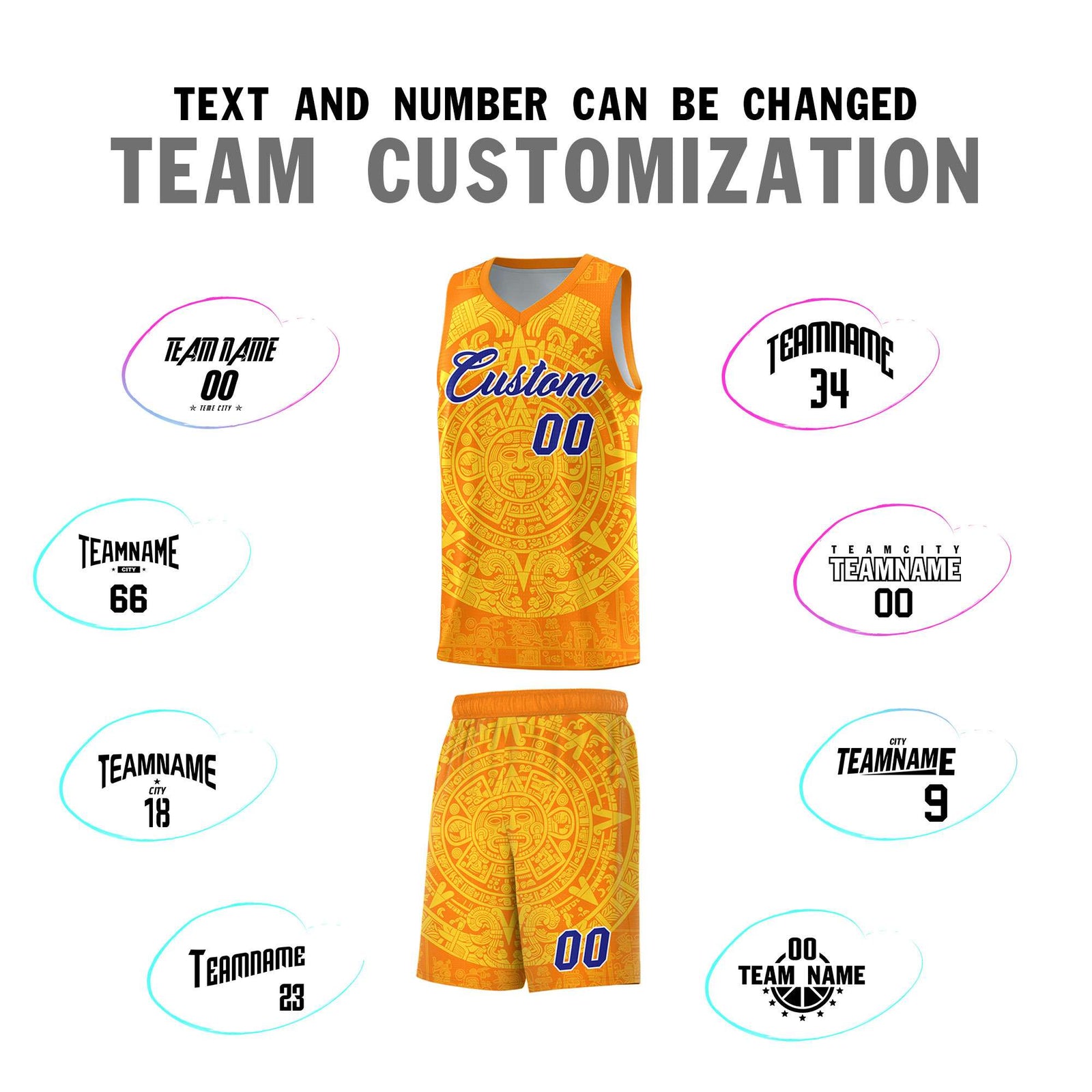Custom Youth Basketball Jerseys Gold Aztec Sun Stone Design Team Uniform