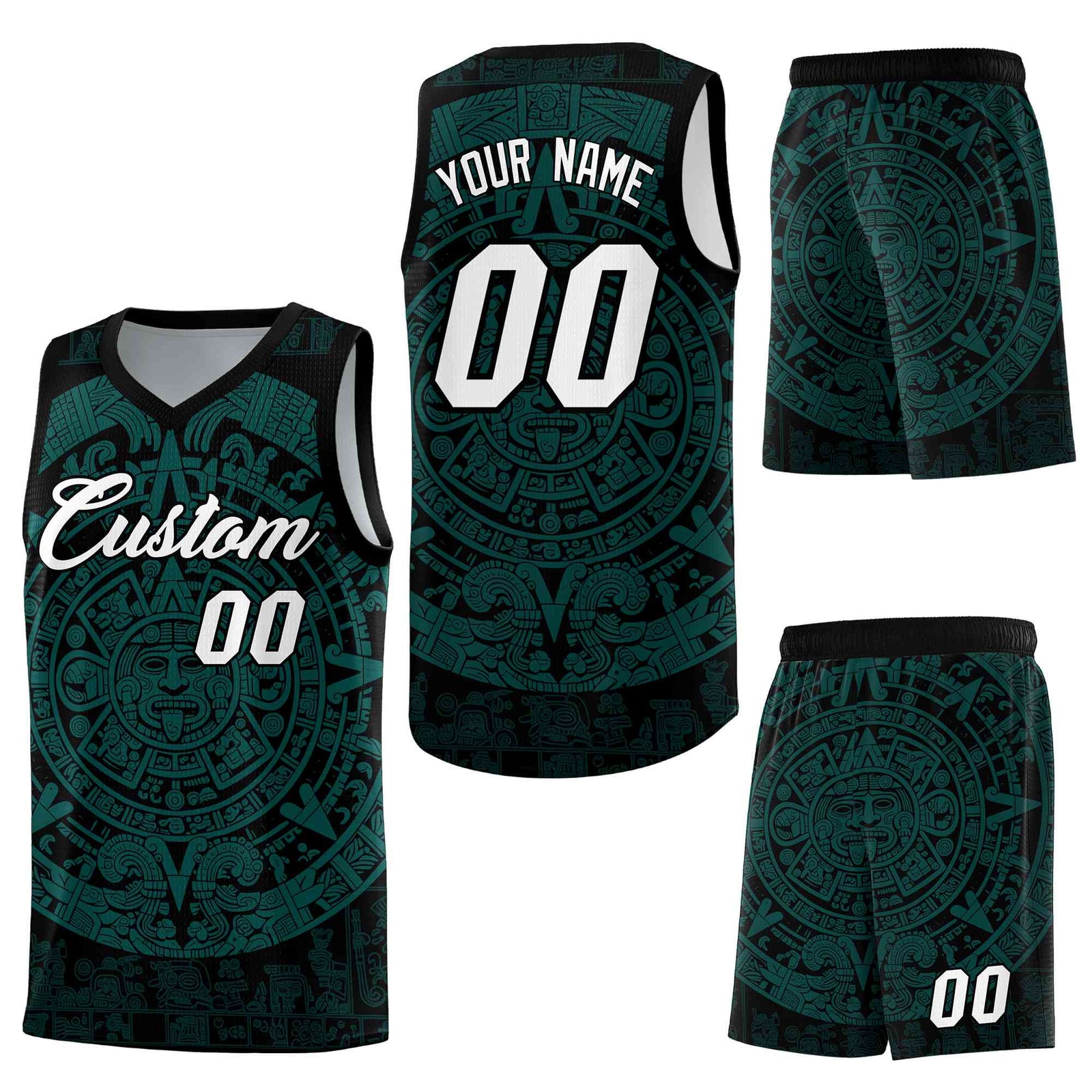 Custom Black Teal Aztec Sun Stone Graffiti Pattern Lightweight Uniform Basketball Jersey