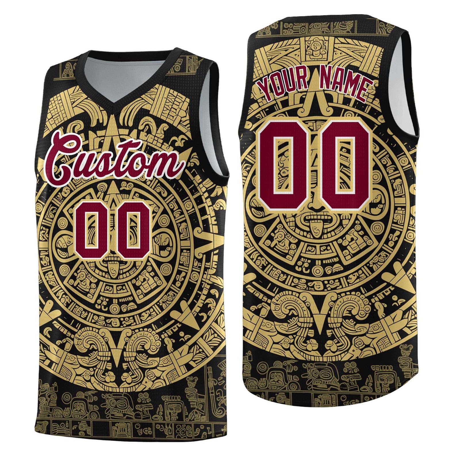 Custom Youth Basketball Jerseys Old Gold Aztec Sun Stone Pattern Custom Team Set