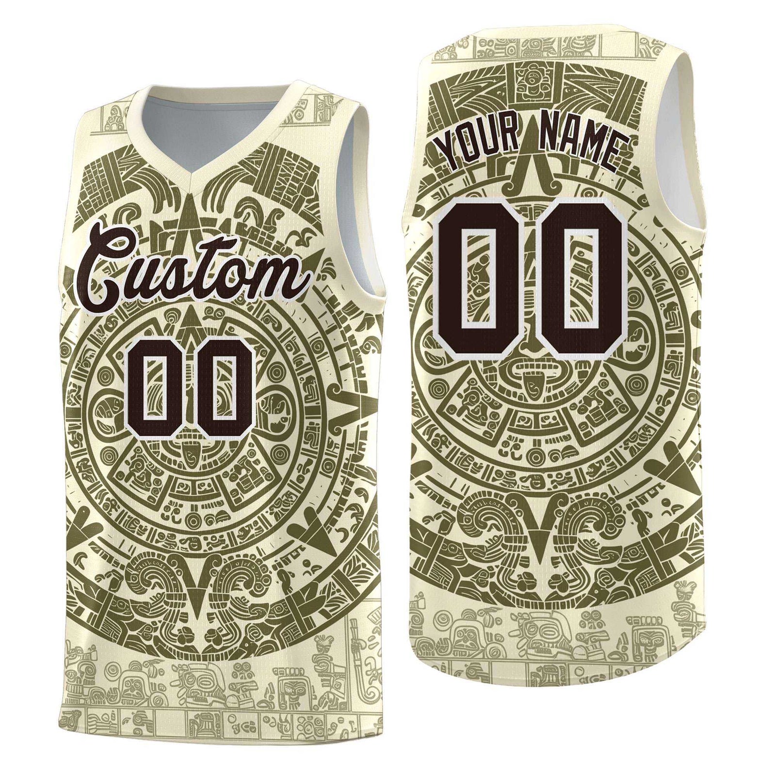 Custom Youth Basketball Jerseys Olive Aztec Sun Stone Personalized Uniform