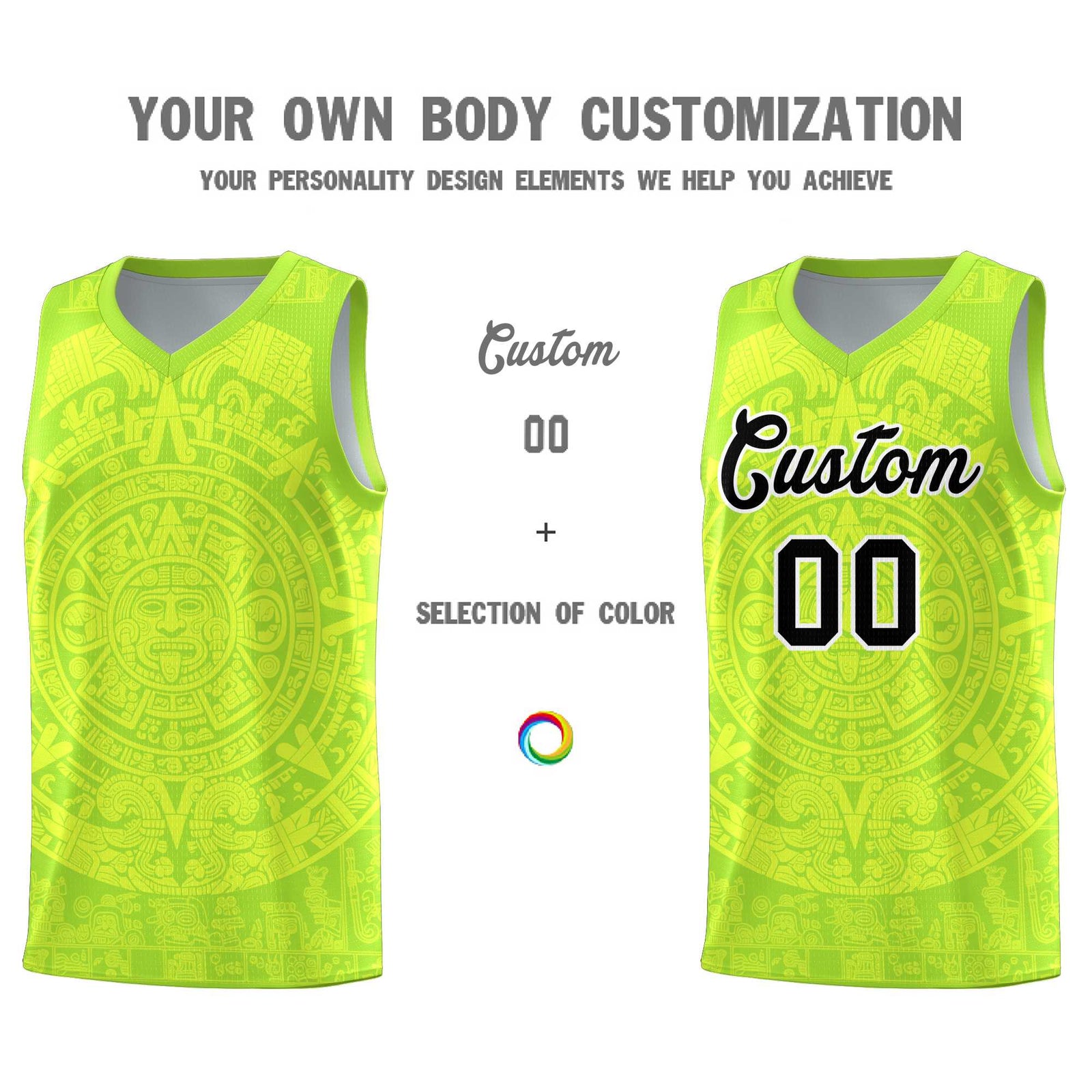 Custom Youth Basketball Jerseys Fluorescent Green Aztec Sun Stone Personalized Uniform