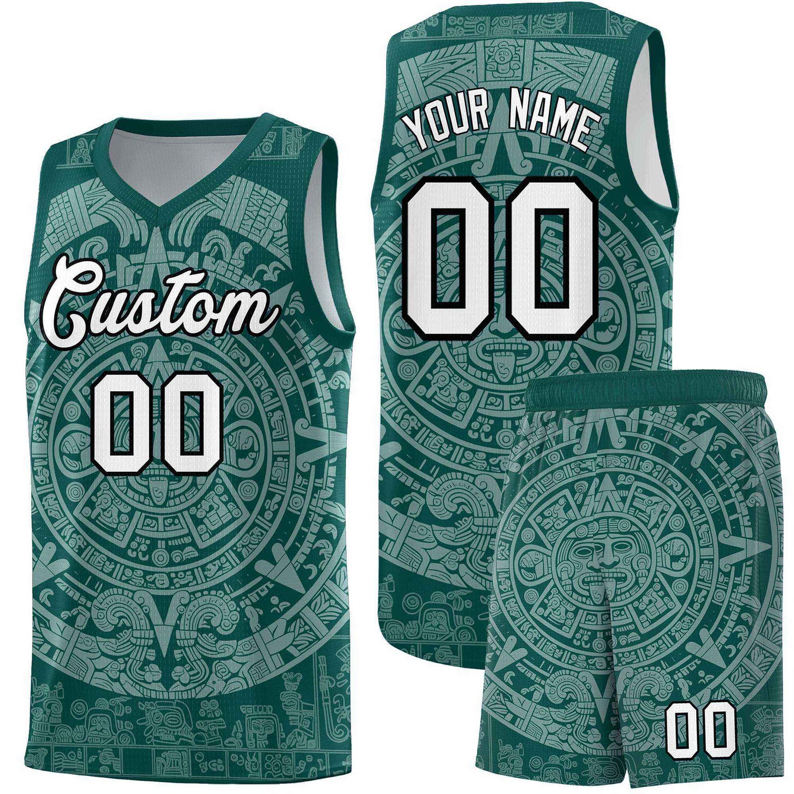 Custom Youth Basketball Jerseys White Aztec Sun Stone Design Team Uniform