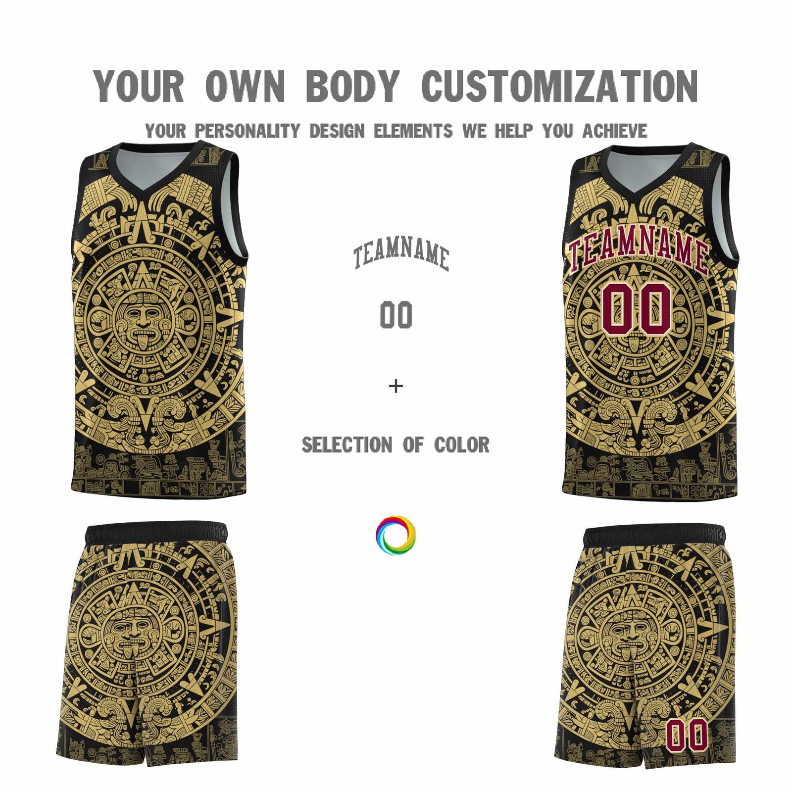Custom Youth Basketball Jerseys Old Gold Aztec Sun Stone Pattern Custom Team Set