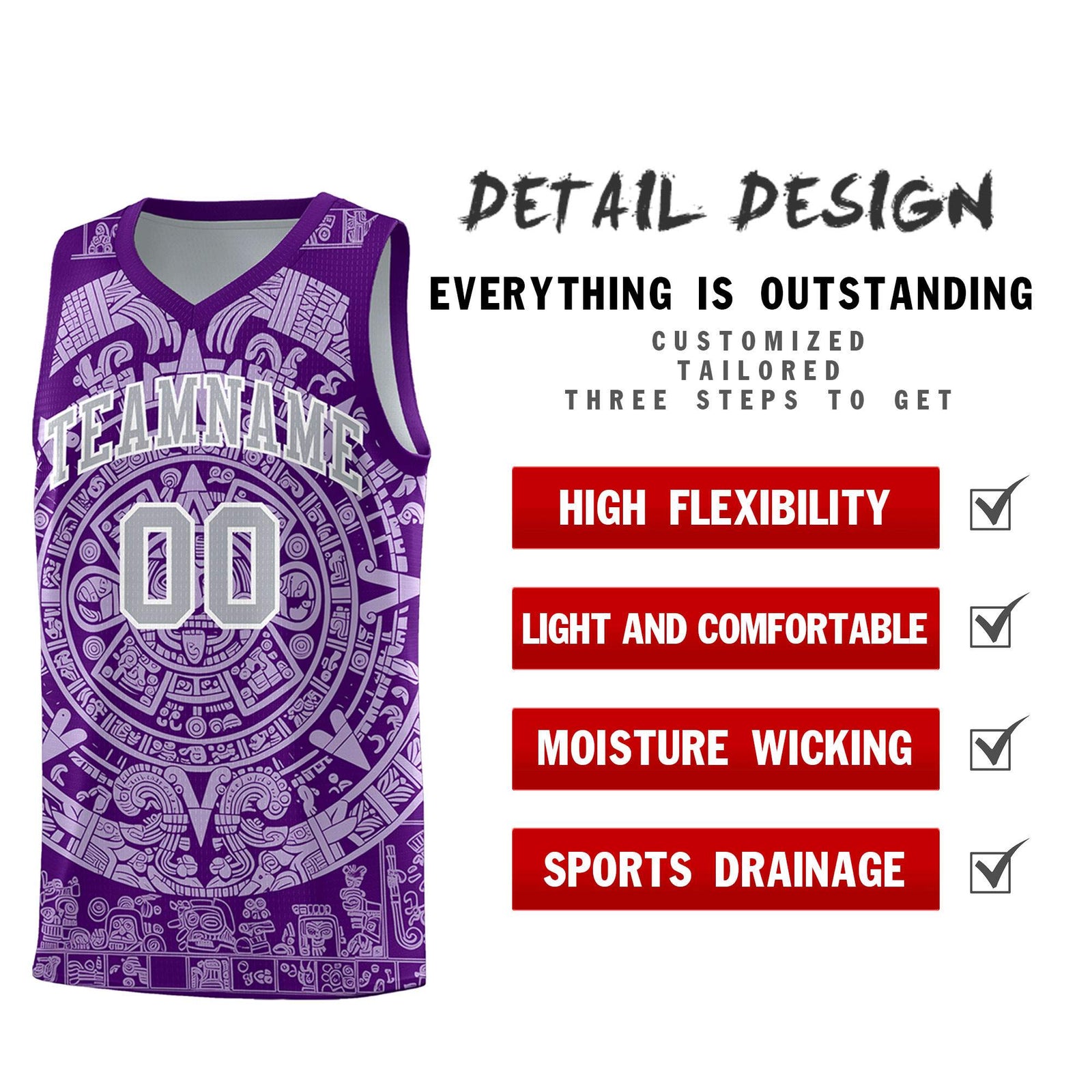 Custom Youth Basketball Jerseys Light Purple Aztec Sun Stone Pattern Custom Team Set