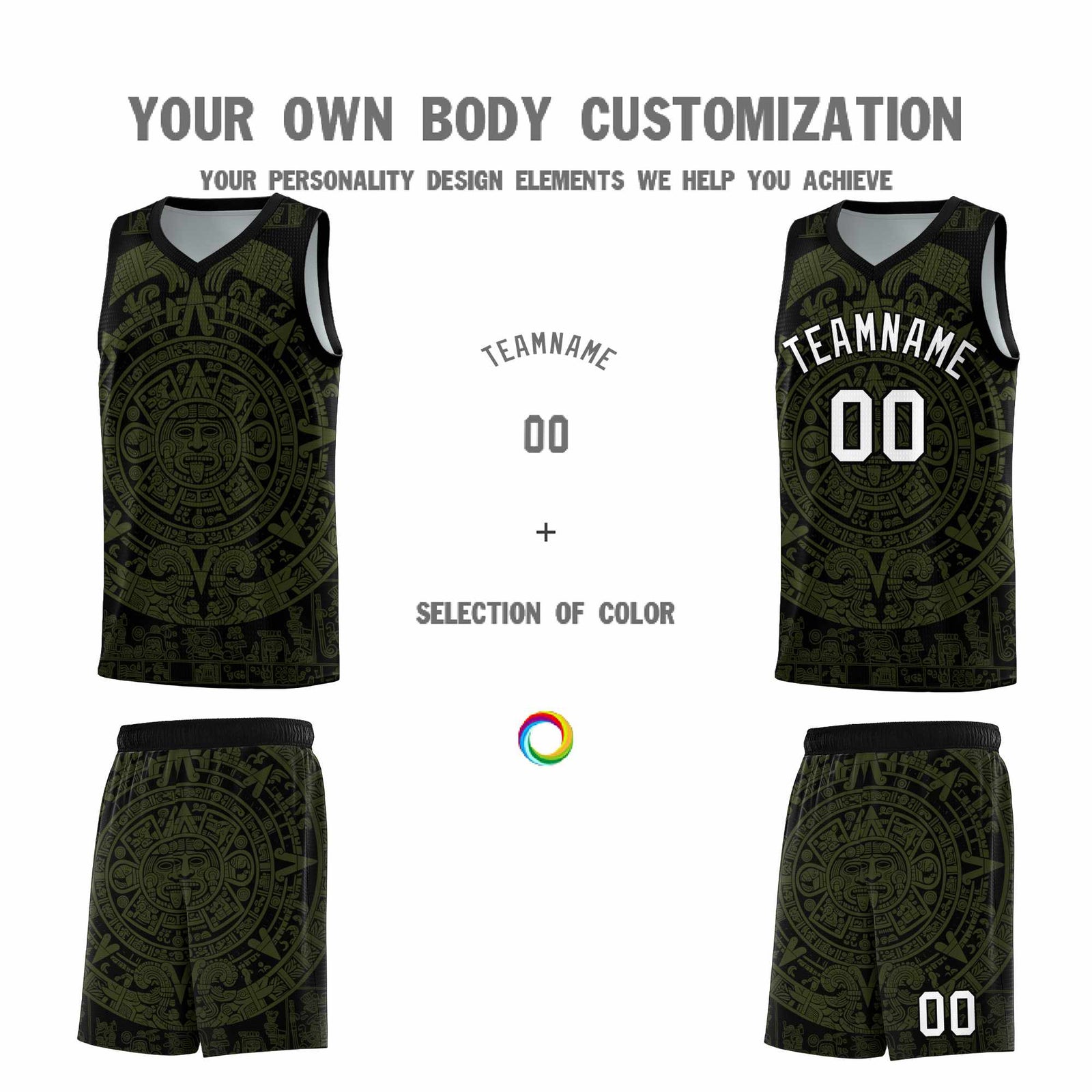 Custom Youth Basketball Jerseys Olive Aztec Sun Stone Pattern Custom Team Set