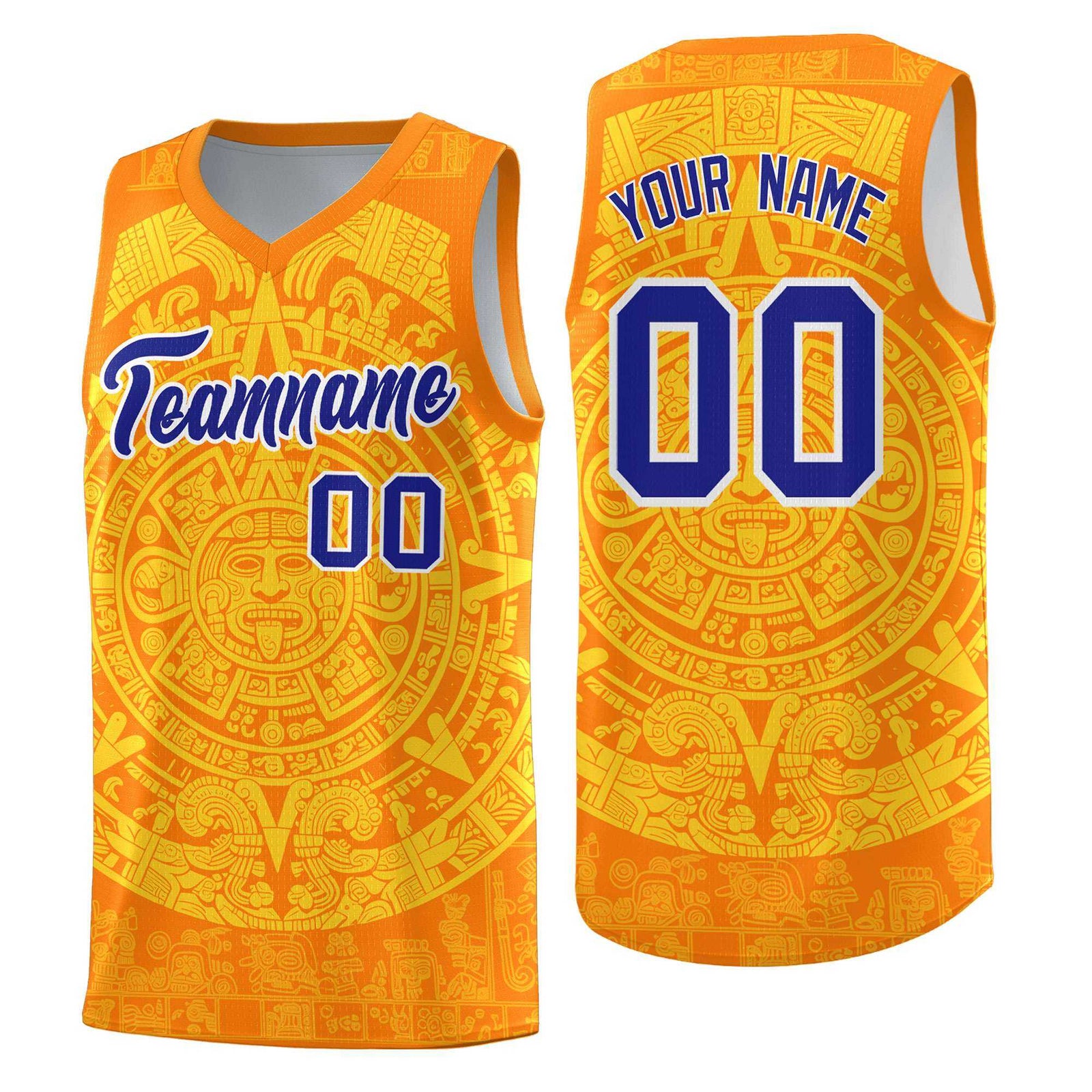 Custom Youth Basketball Jerseys Gold Aztec Sun Stone Design Team Uniform