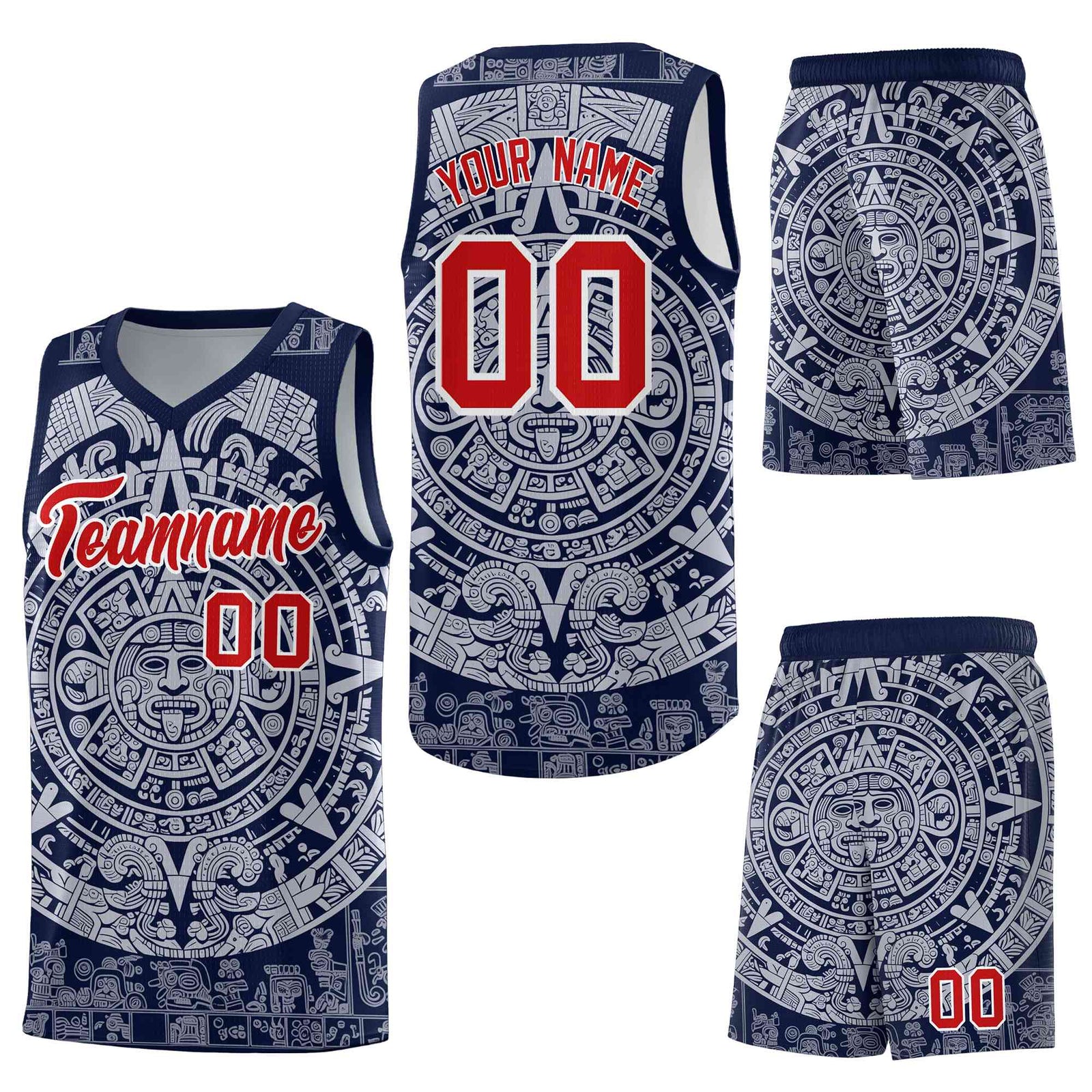 Custom Navy White Aztec Sun Stone Graffiti Pattern Breathable Uniform Basketball Jersey