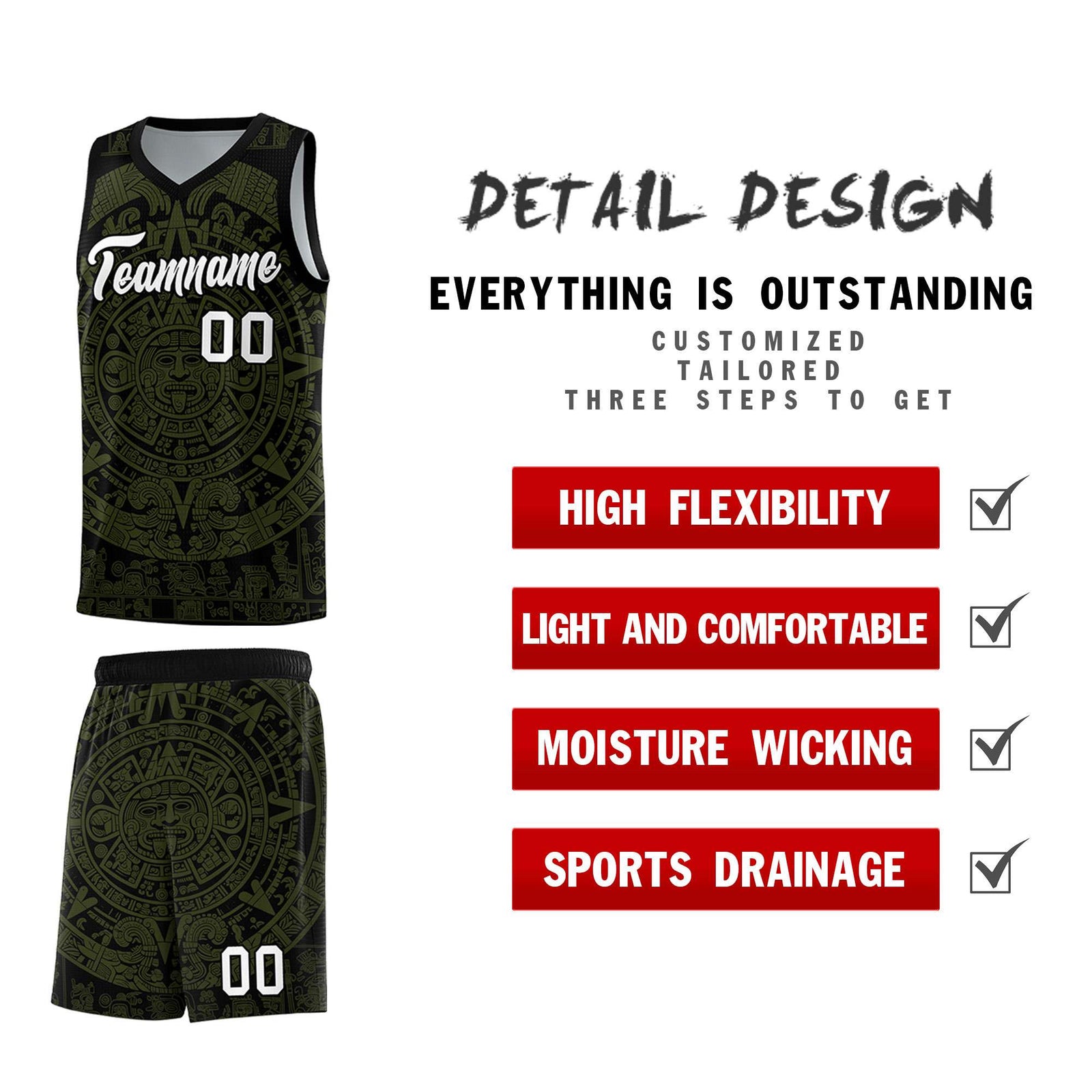 Custom Youth Basketball Jerseys Olive Aztec Sun Stone Pattern Custom Team Set