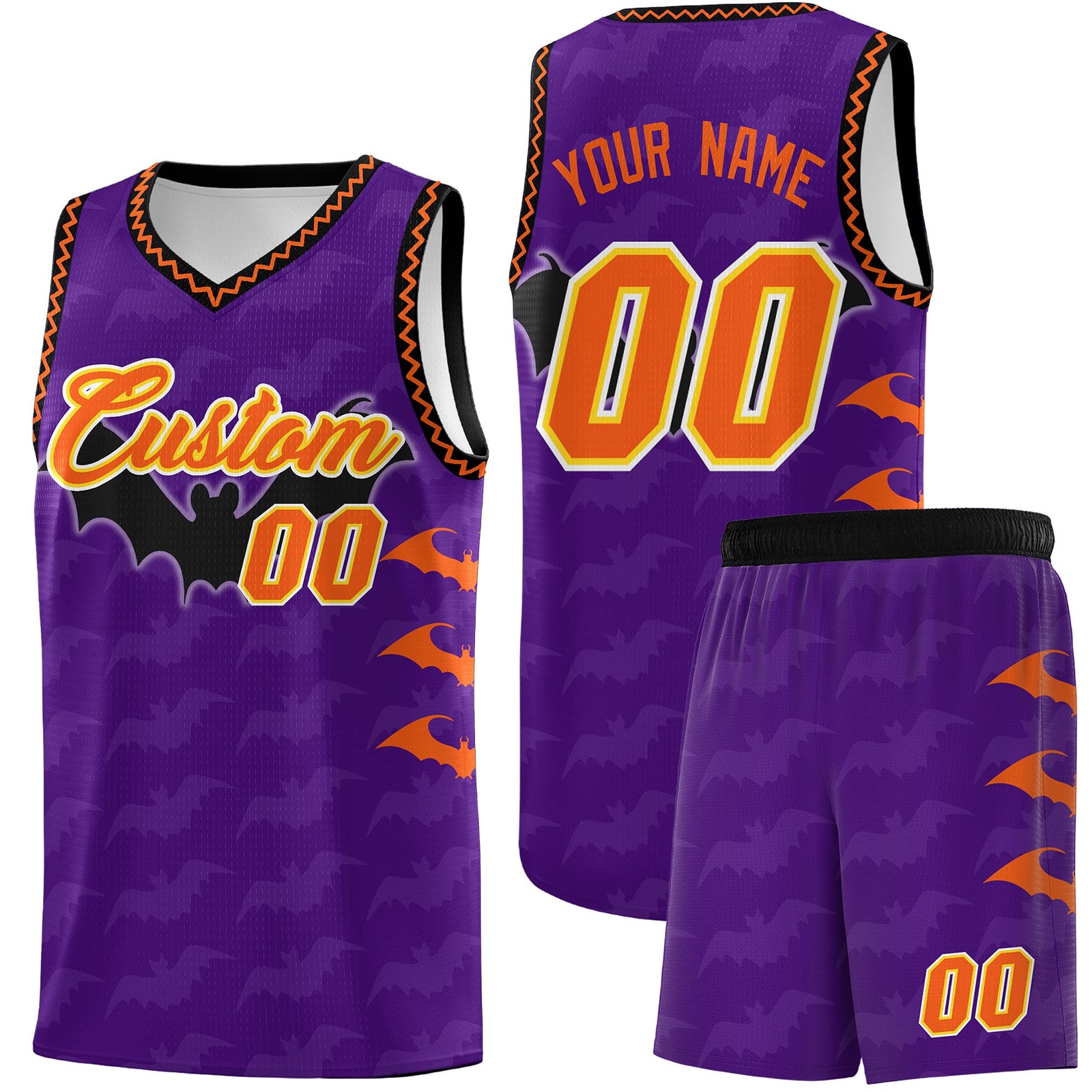 Custom Purple Orange Bat Pattern Halloween Basketball Jersey | For Men,For Kid,For Youth,Sublimation Printed,Perfect for Training,Perfect for Parties,Add Name and Numbern | KXKSHOP