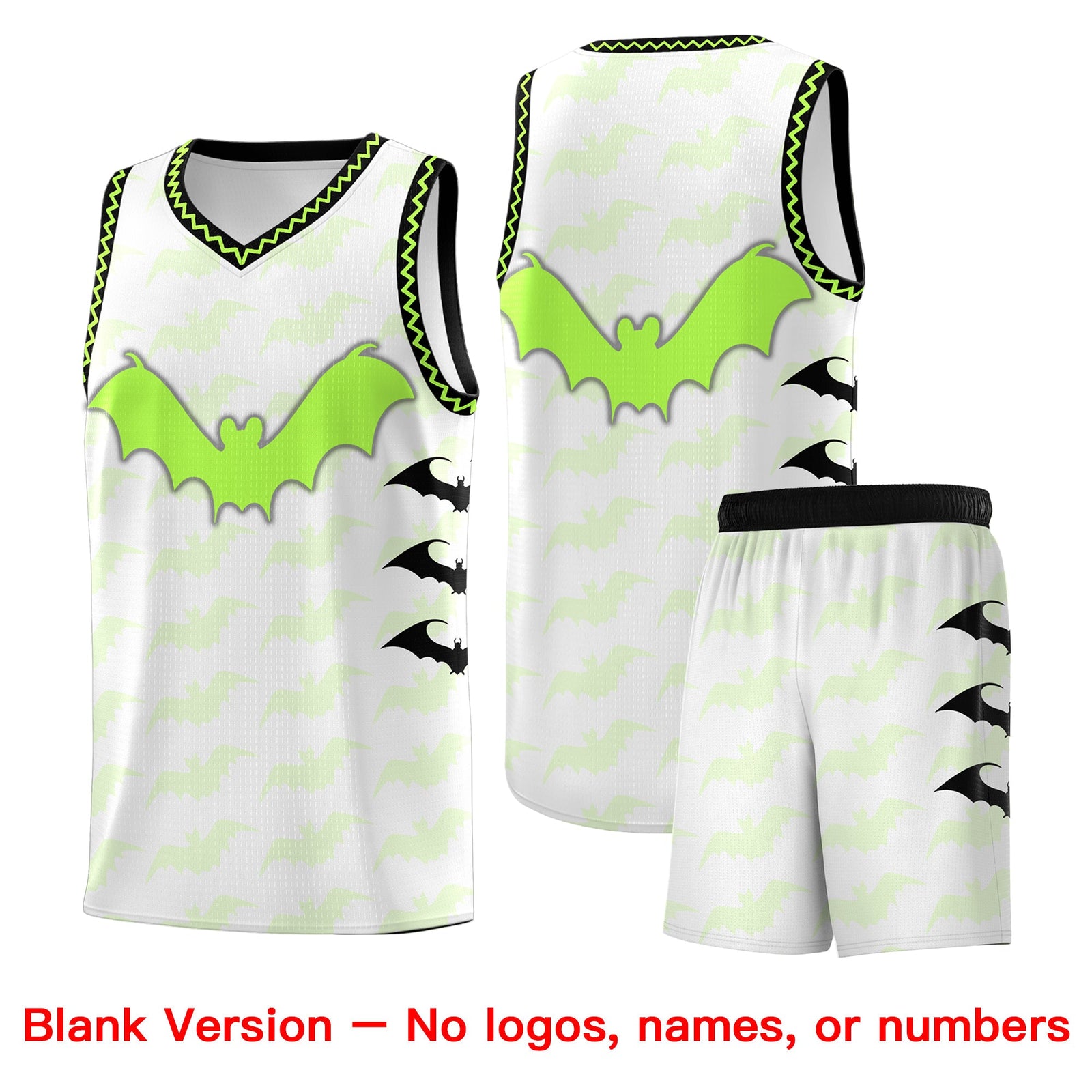 Custom White Fluorescent Green Black Bat Pattern Halloween Basketball Jersey | For Men,For Kid,For Youth,Sublimation Printed,Perfect for Training,Perfect for Parties,Add Name and Numbern | KXKSHOP