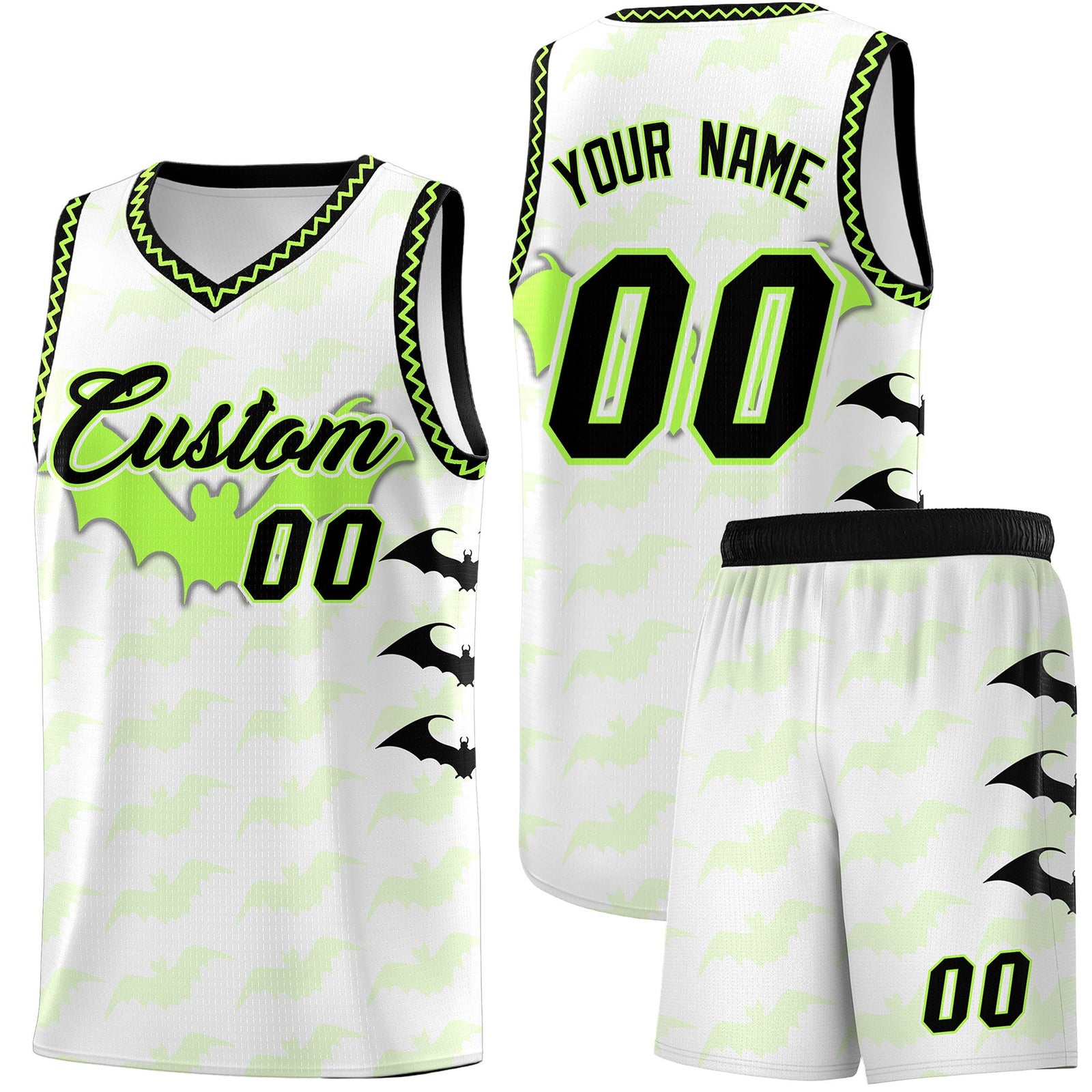 Custom White Fluorescent Green Black Bat Pattern Halloween Basketball Jersey | For Men,For Kid,For Youth,Sublimation Printed,Perfect for Training,Perfect for Parties,Add Name and Numbern | KXKSHOP