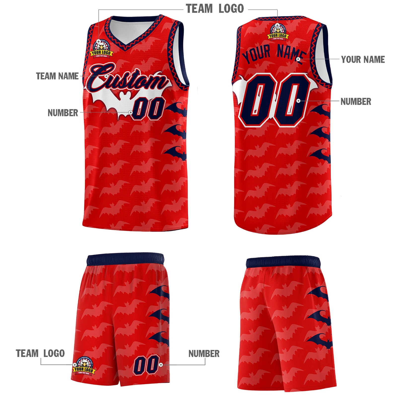 Custom Red White Navy Bat Pattern Halloween Basketball Jersey | For Men,For Kid,For Youth,Sublimation Printed,Perfect for Training,Perfect for Parties,Add Name and Numbern | KXKSHOP