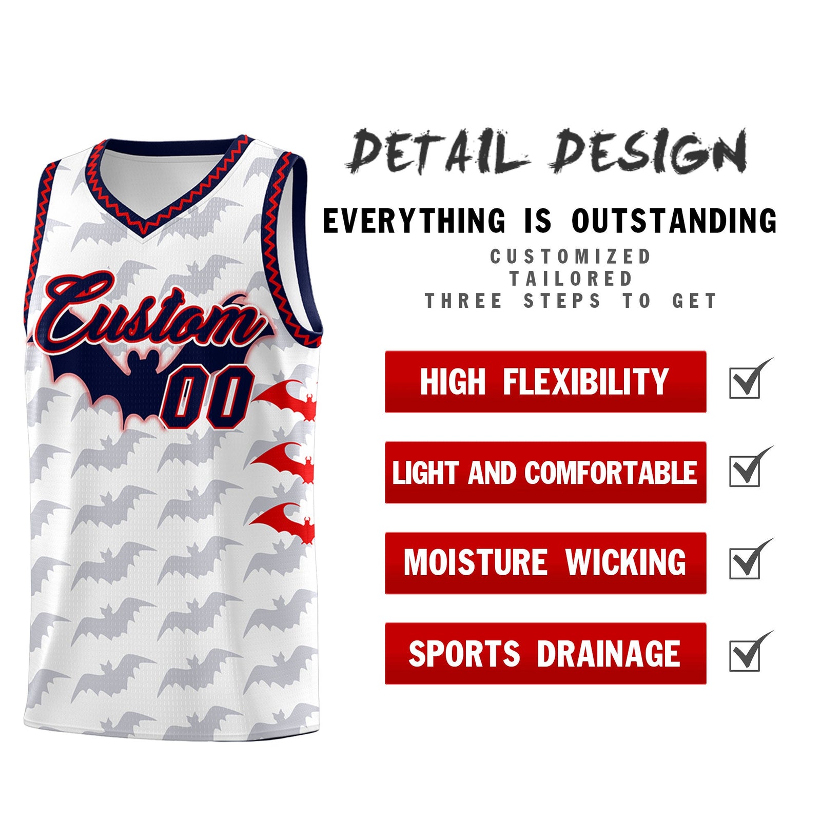 Custom White Red Navy Bat Pattern Halloween Basketball Jersey | For Men,For Kid,For Youth,Sublimation Printed,Perfect for Training,Perfect for Parties,Add Name and Numbern | KXKSHOP