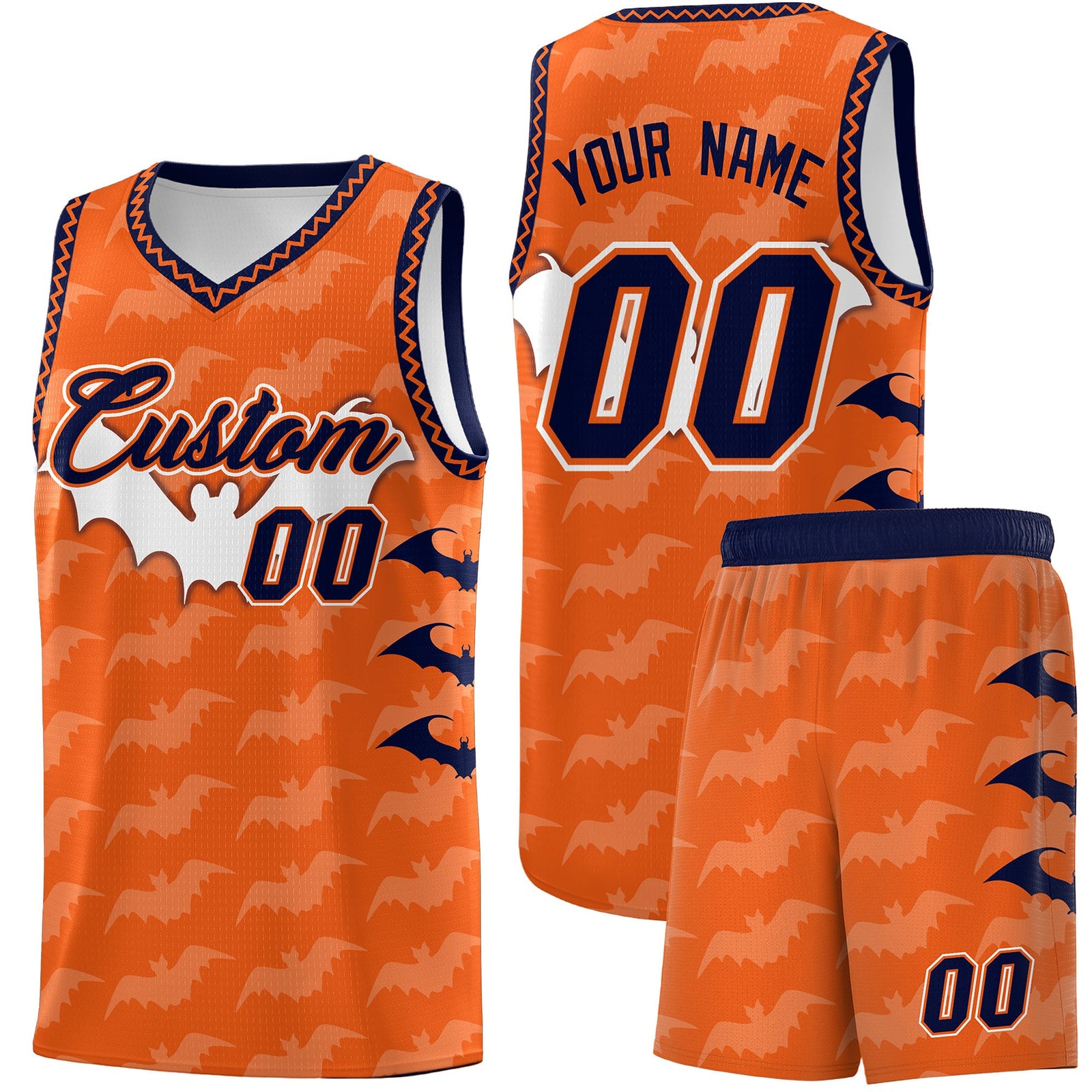 Custom Orange Navy Bat Pattern Halloween Basketball Jersey | For Men,For Kid,For Youth,Sublimation Printed,Perfect for Training,Perfect for Parties,Add Name and Numbern | KXKSHOP