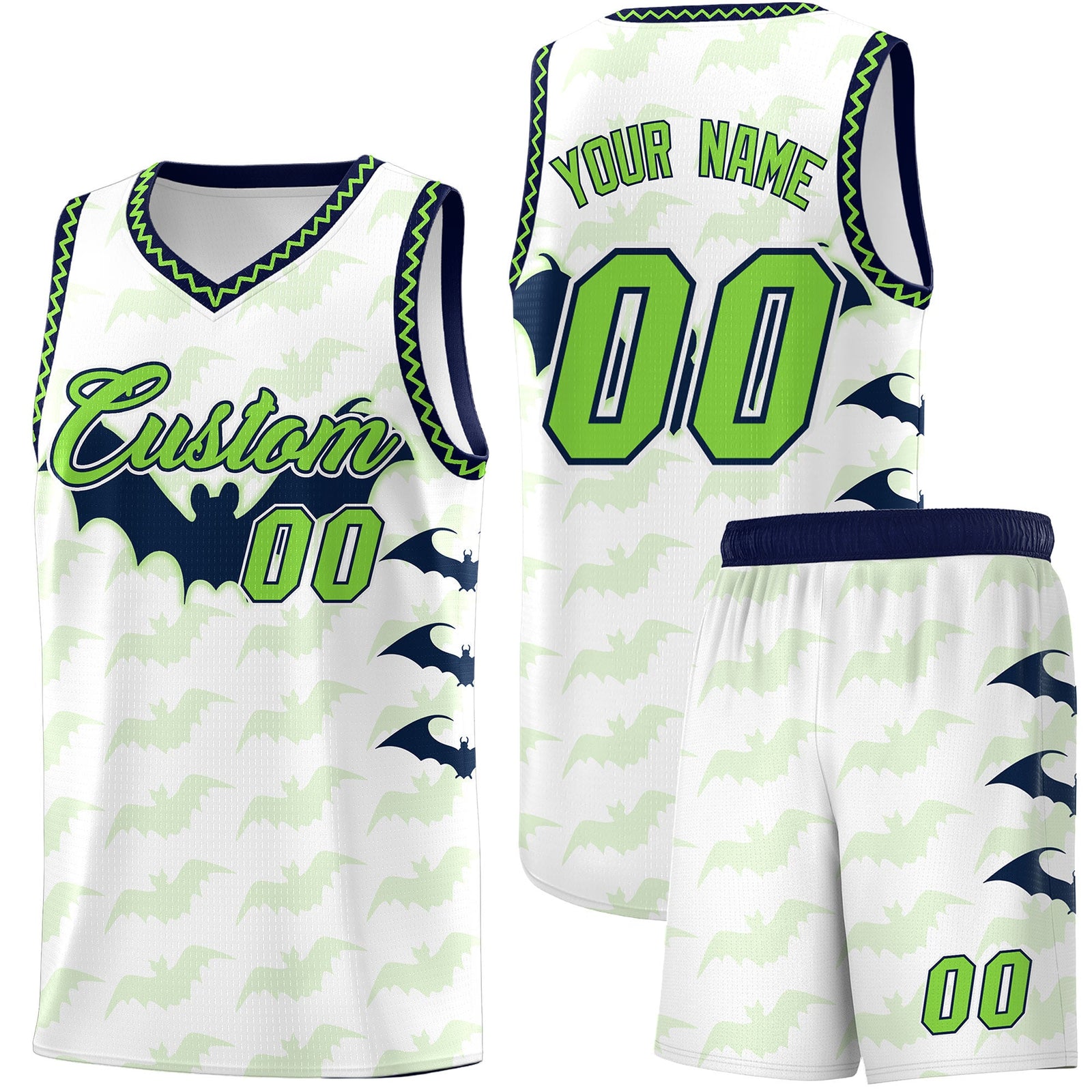 Custom White Fluorescent Green Navy Bat Pattern Halloween Basketball Jersey | For Men,For Kid,For Youth,Sublimation Printed,Perfect for Training,Perfect for Parties,Add Name and Numbern | KXKSHOP