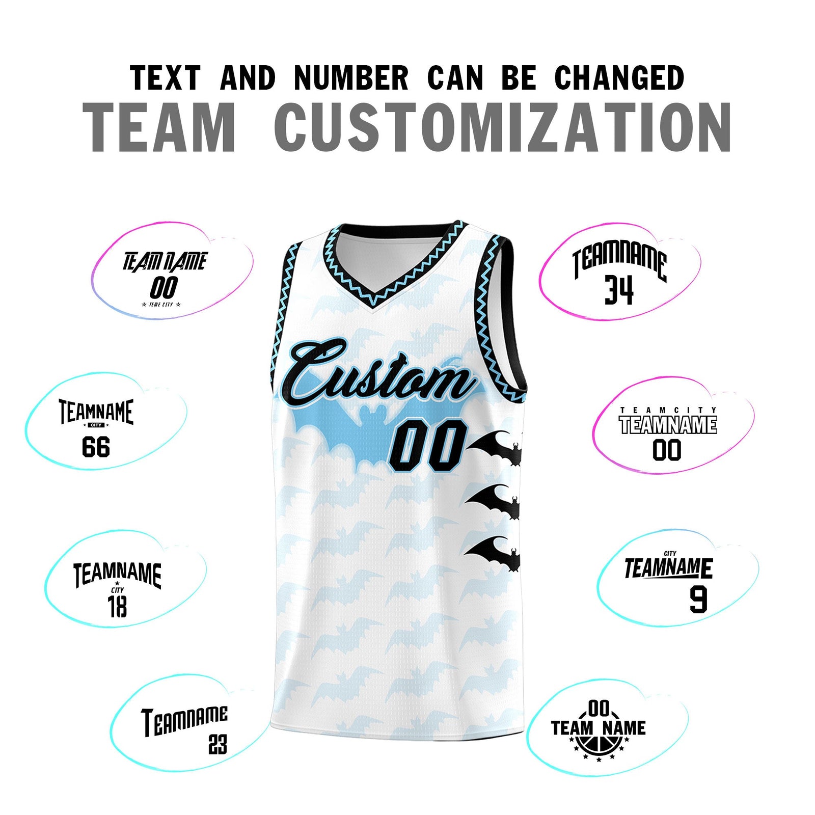 Custom White Light Blue Bat Pattern Halloween Basketball Jersey | For Men,For Kid,For Youth,Sublimation Printed,Perfect for Training,Perfect for Parties,Add Name and Numbern | KXKSHOP