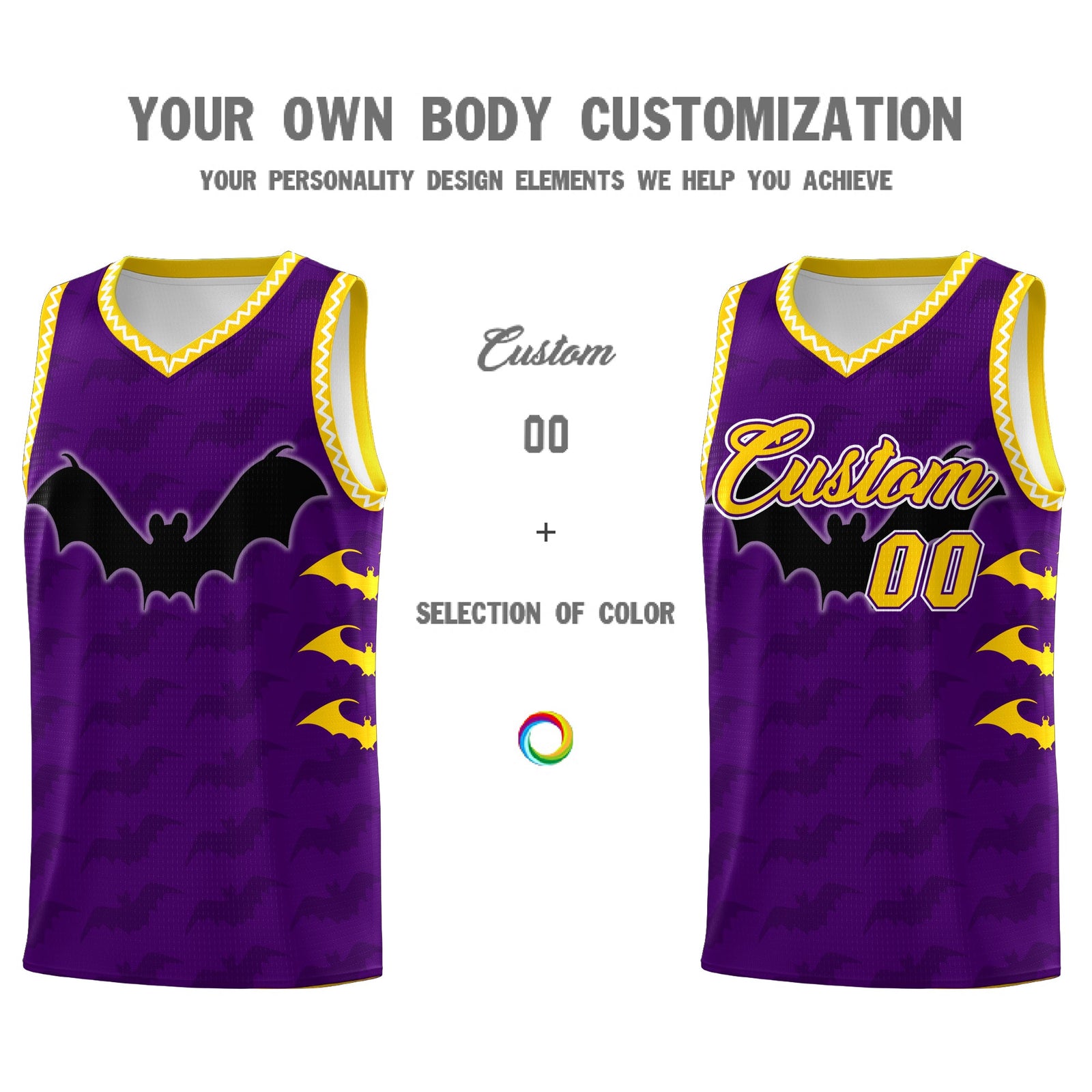 Custom Purple Gold White Bat Pattern Halloween Basketball Jersey | For Men,For Kid,For Youth,Sublimation Printed,Perfect for Training,Perfect for Parties,Add Name and Numbern | KXKSHOP