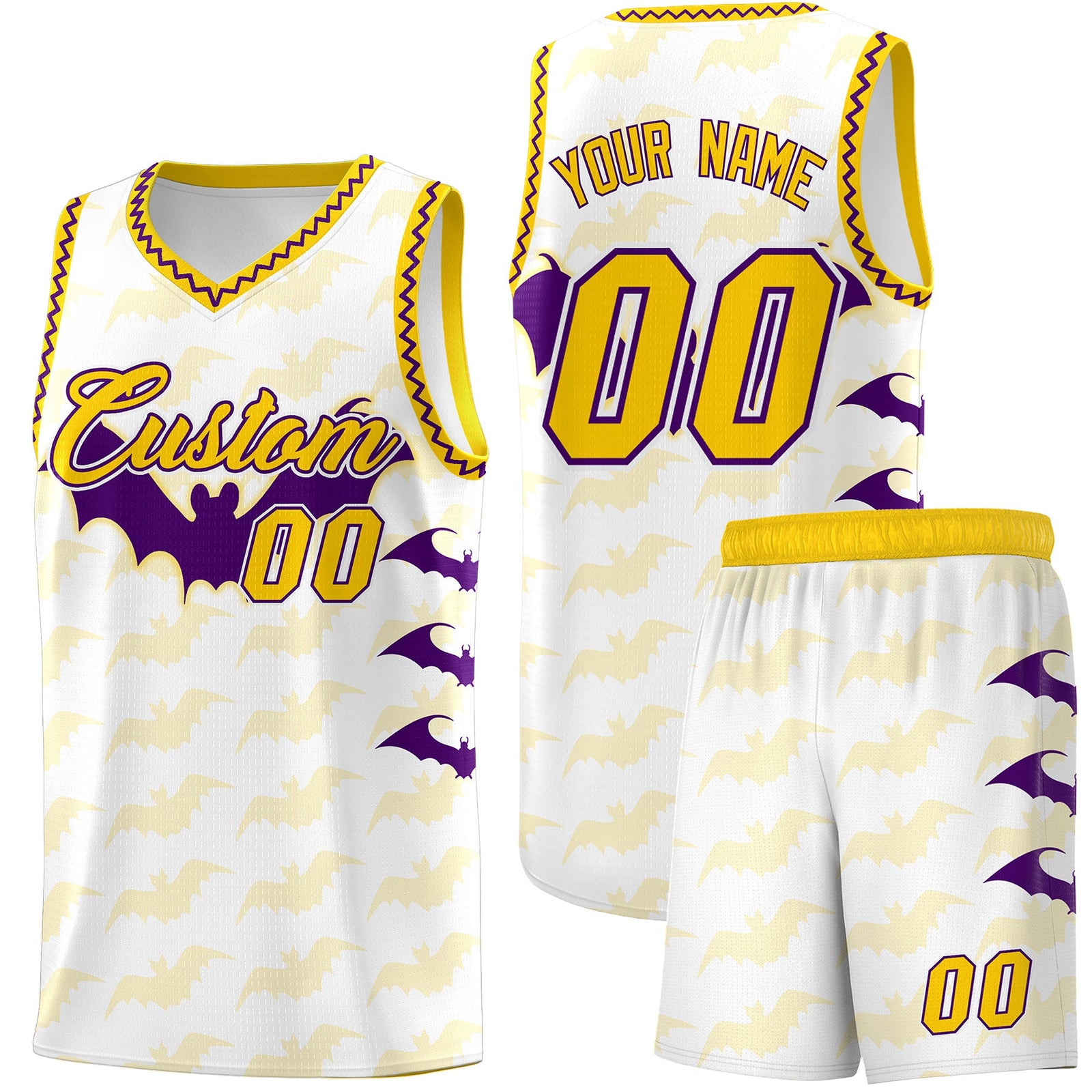 Custom White Purple Gold Bat Pattern Halloween Basketball Jersey | For Men,For Kid,For Youth,Sublimation Printed,Perfect for Training,Perfect for Parties,Add Name and Numbern | KXKSHOP