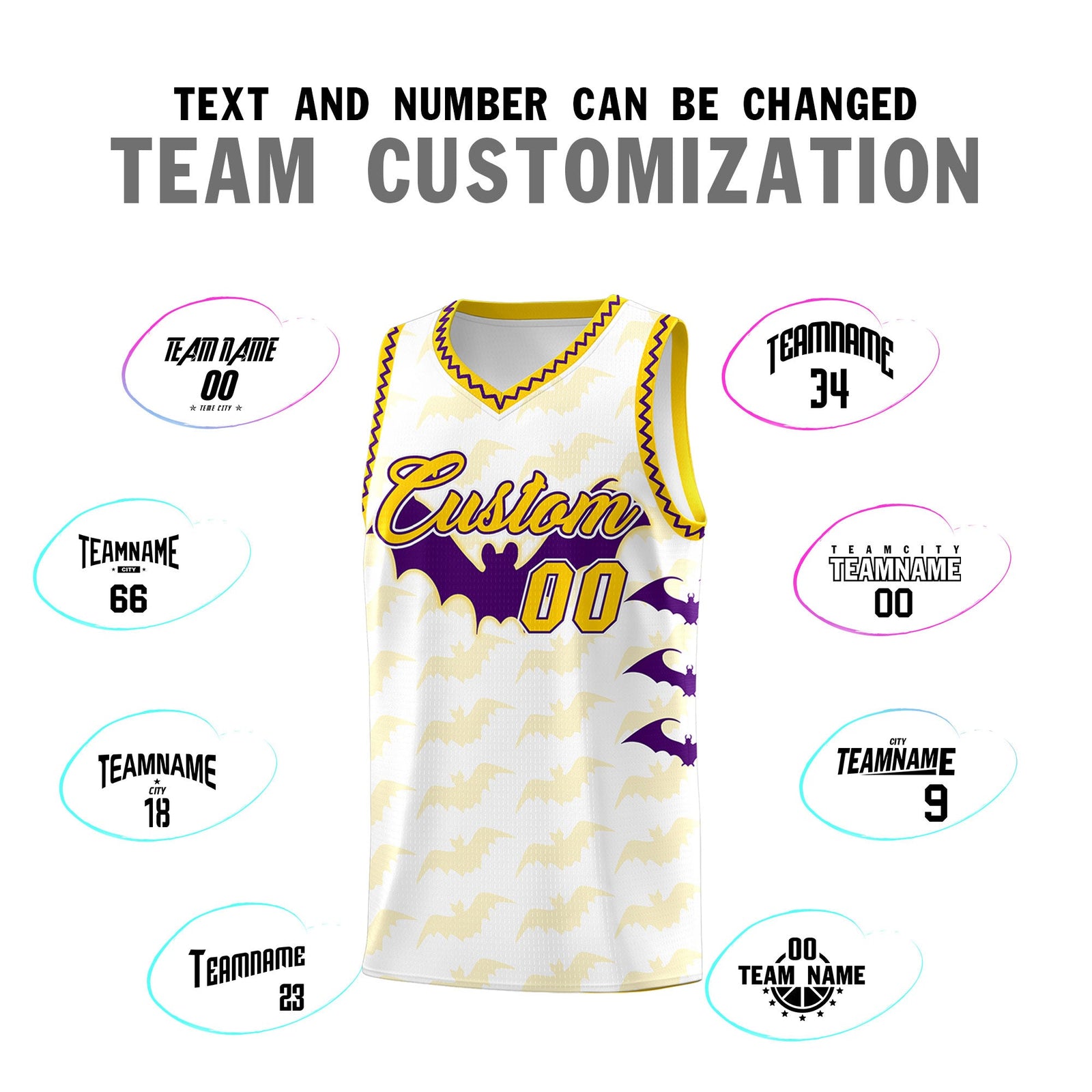 Custom White Purple Gold Bat Pattern Halloween Basketball Jersey | For Men,For Kid,For Youth,Sublimation Printed,Perfect for Training,Perfect for Parties,Add Name and Numbern | KXKSHOP