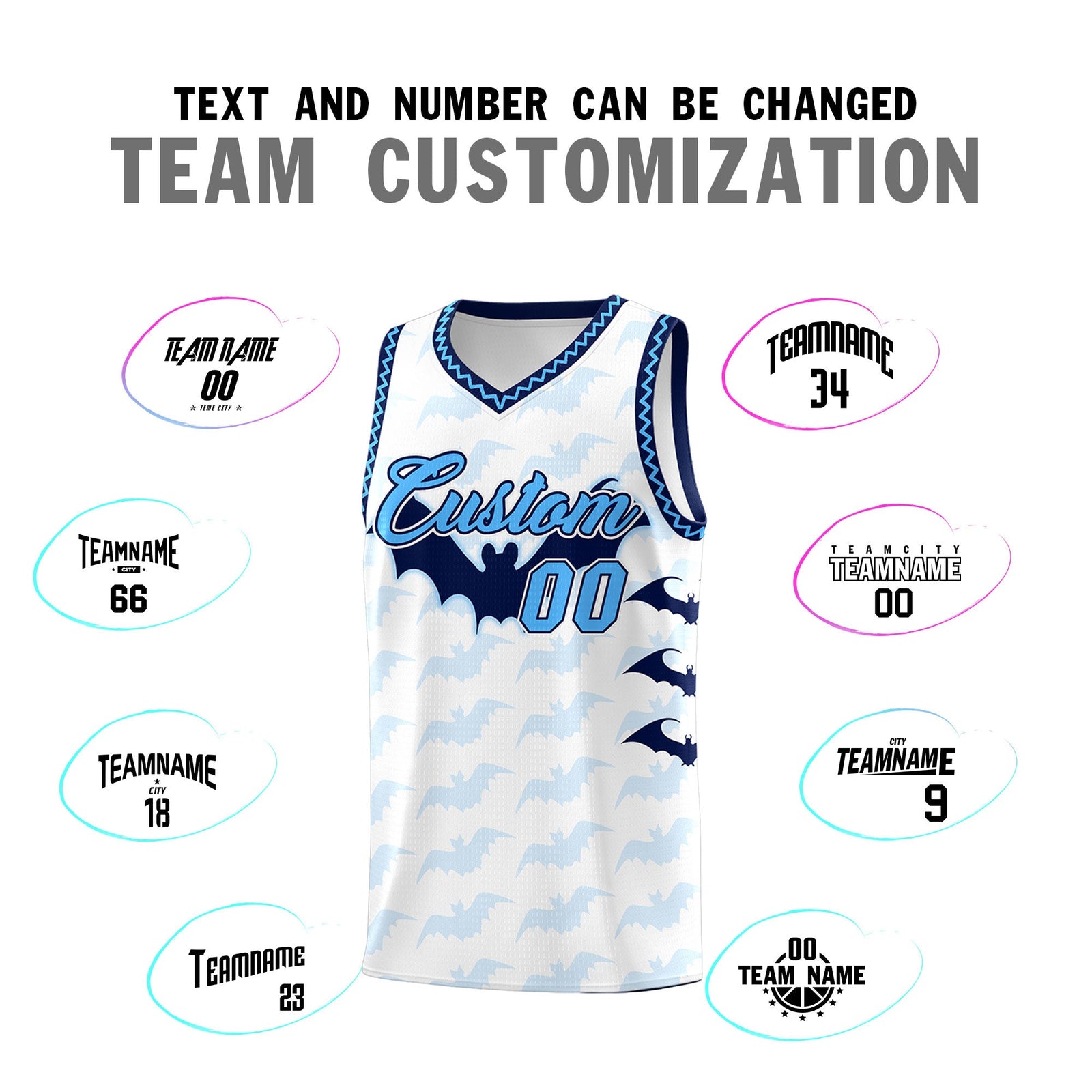Custom White Powder Blue Bat Pattern Halloween Basketball Jersey | For Men,For Kid,For Youth,Sublimation Printed,Perfect for Training,Perfect for Parties,Add Name and Numbern | KXKSHOP