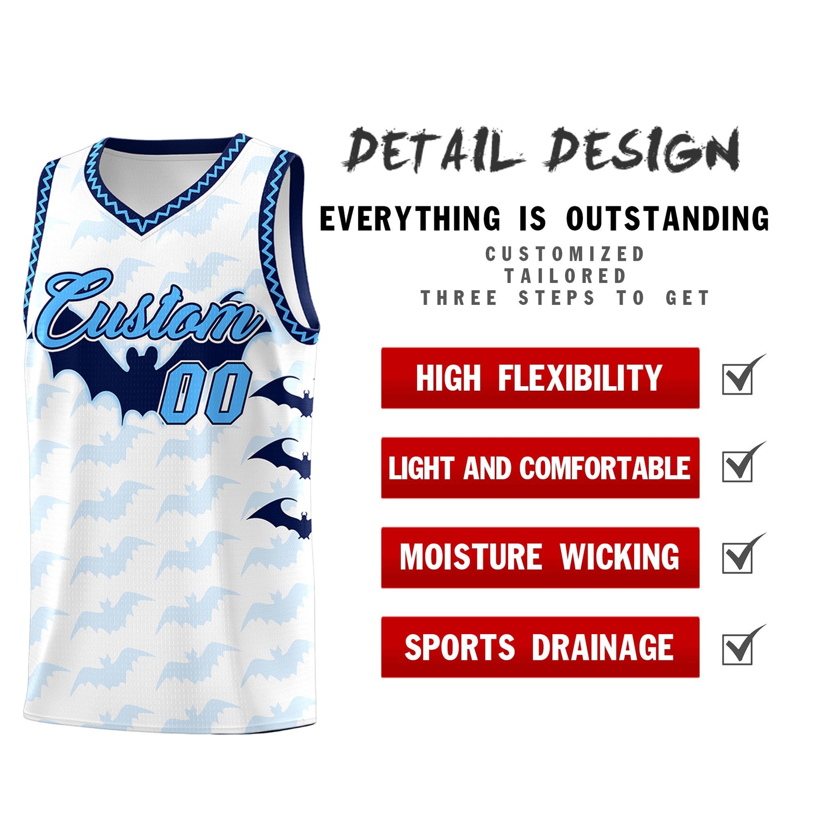 Custom White Powder Blue Bat Pattern Halloween Basketball Jersey | For Men,For Kid,For Youth,Sublimation Printed,Perfect for Training,Perfect for Parties,Add Name and Numbern | KXKSHOP