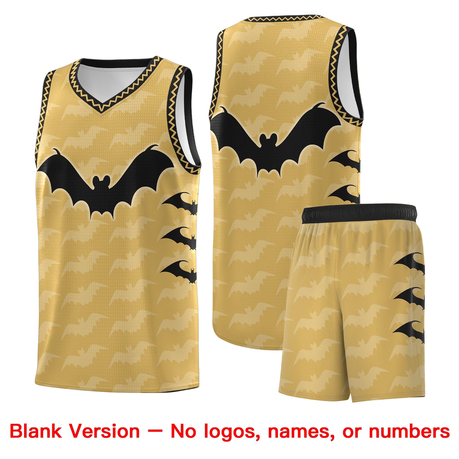 Custom Old Gold Black White Bat Pattern Halloween Basketball Jersey | For Men,For Kid,For Youth,Sublimation Printed,Perfect for Training,Perfect for Parties,Add Name and Numbern | KXKSHOP