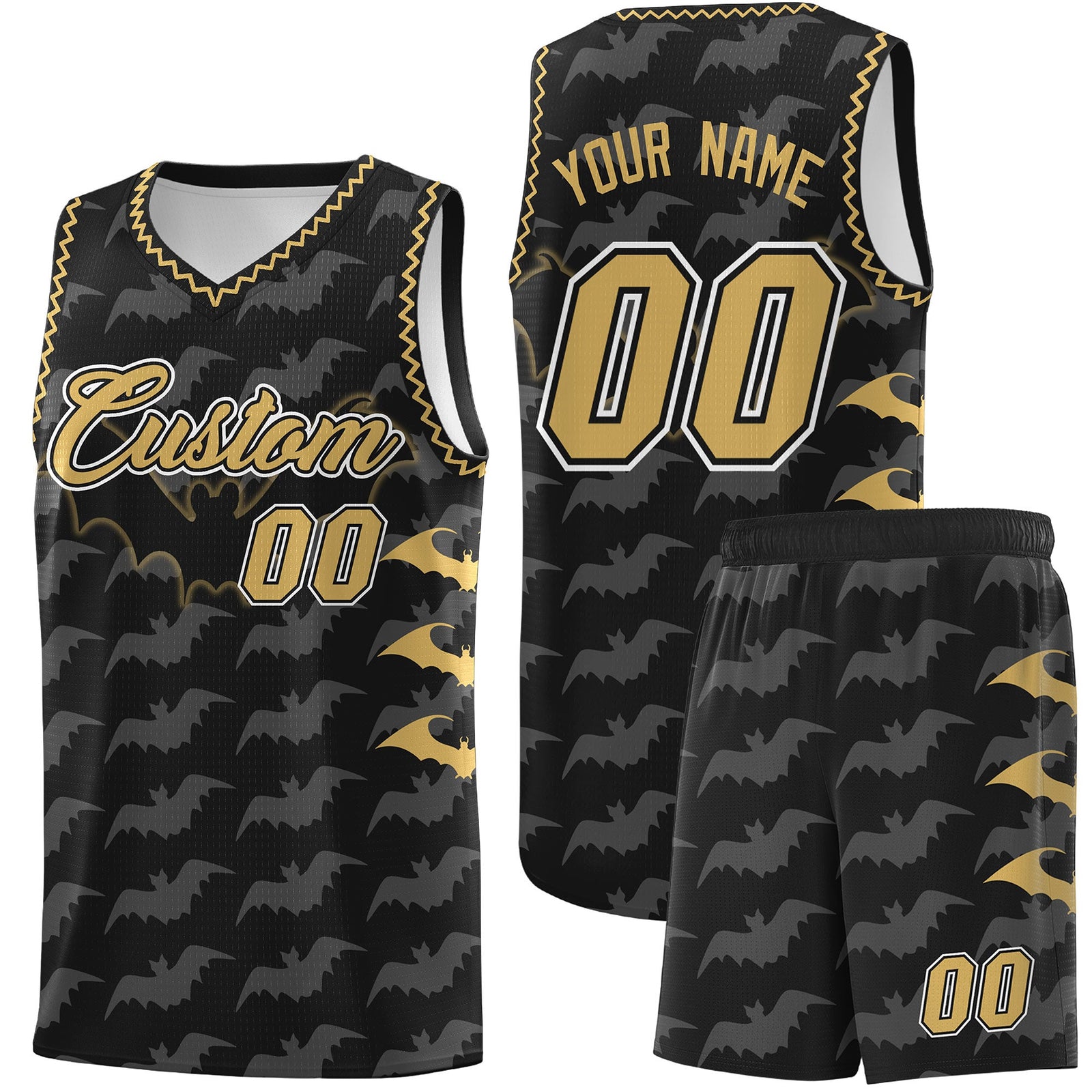 Custom Black Old Gold White Bat Pattern Halloween Basketball Jersey | For Men,For Kid,For Youth,Sublimation Printed,Perfect for Training,Perfect for Parties,Add Name and Numbern | KXKSHOP