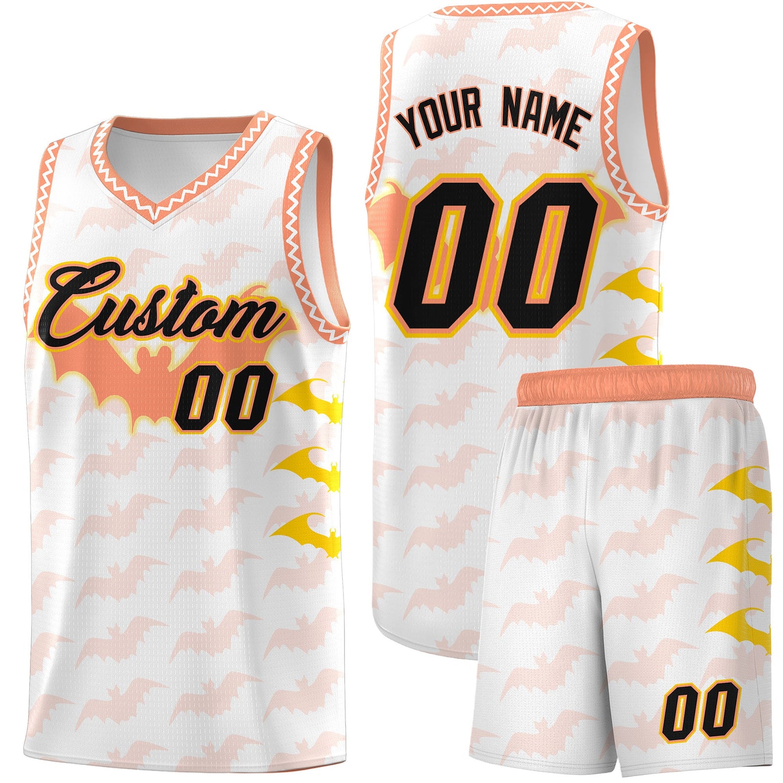 Custom White Gold Light Orange Bat Pattern Halloween Basketball Jersey | For Men,For Kid,For Youth,Sublimation Printed,Perfect for Training,Perfect for Parties,Add Name and Numbern | KXKSHOP