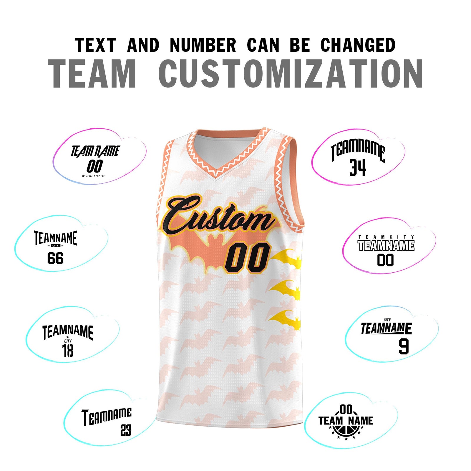 Custom White Gold Light Orange Bat Pattern Halloween Basketball Jersey | For Men,For Kid,For Youth,Sublimation Printed,Perfect for Training,Perfect for Parties,Add Name and Numbern | KXKSHOP
