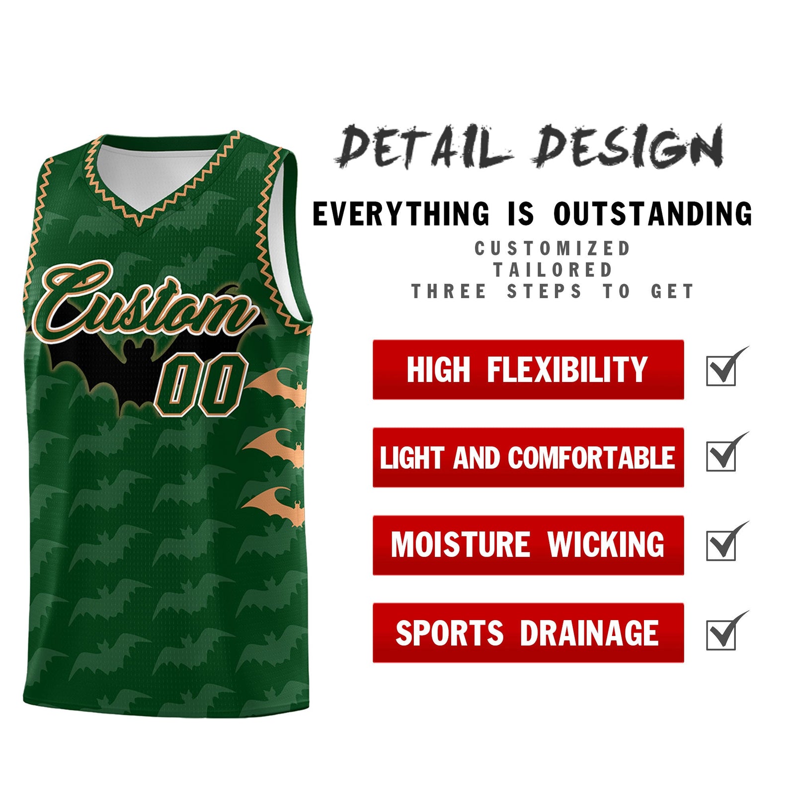 Custom Green Buckskin Brown Bat Pattern Halloween Basketball Jersey | For Men,For Kid,For Youth,Sublimation Printed,Perfect for Training,Perfect for Parties,Add Name and Numbern | KXKSHOP