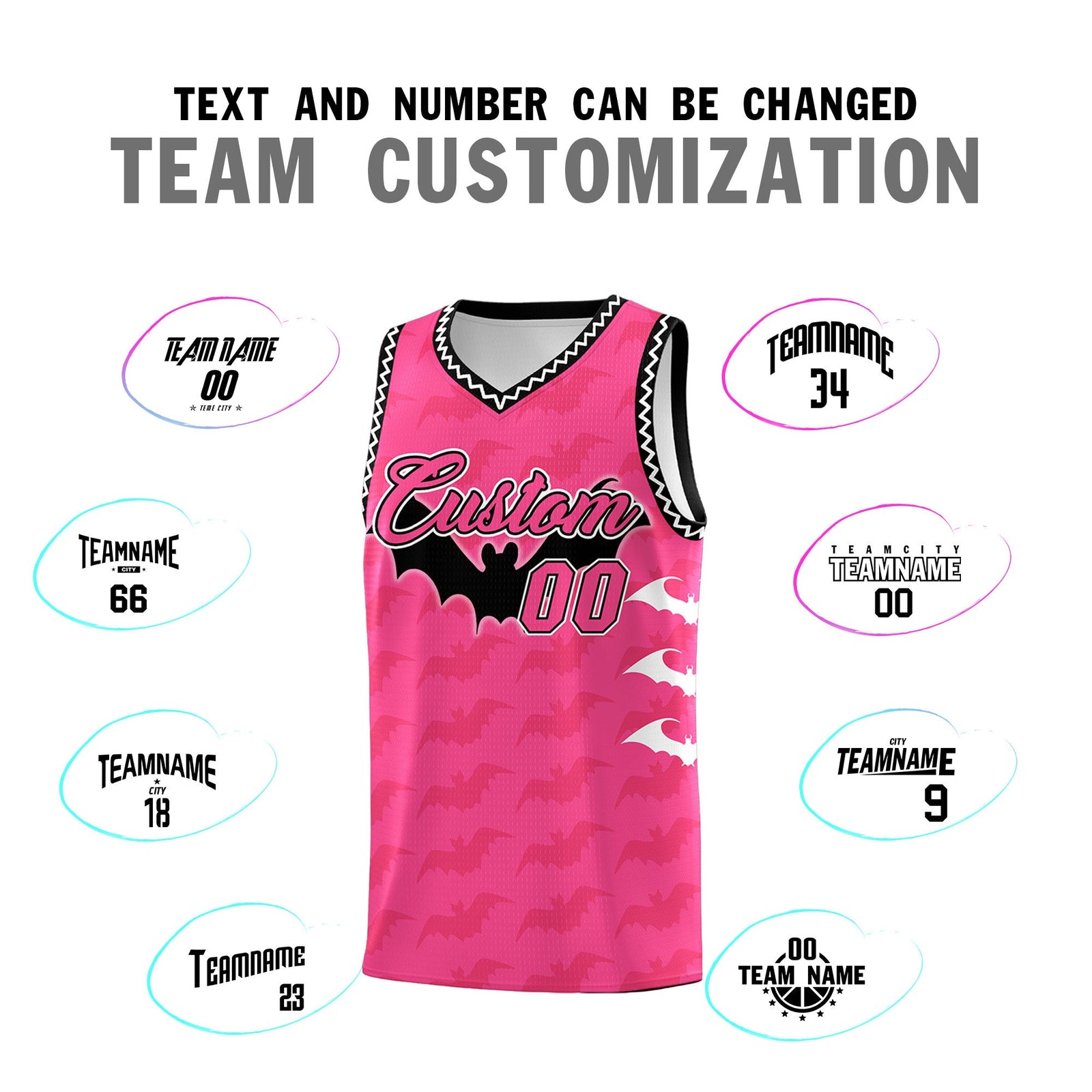 Custom Pink Black White Bat Pattern Halloween Basketball Jersey | For Men,For Kid,For Youth,Sublimation Printed,Perfect for Training,Perfect for Parties,Add Name and Numbern | KXKSHOP