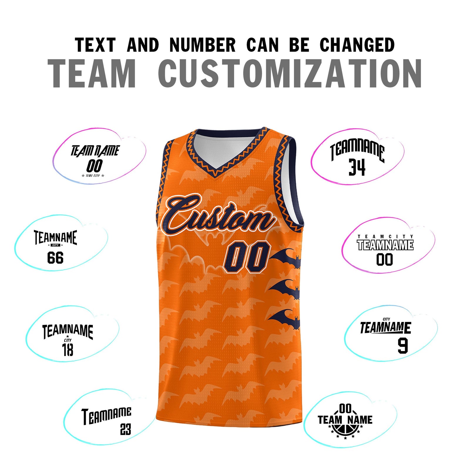 Custom Orange Navy White Bat Pattern Halloween Basketball Jersey | For Men,For Kid,For Youth,Sublimation Printed,Perfect for Training,Perfect for Parties,Add Name and Numbern | KXKSHOP