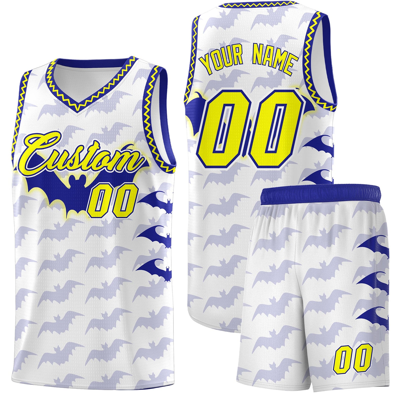 Custom White Fluorescent Yellow Bat Pattern Halloween Basketball Jersey | For Men,For Kid,For Youth,Sublimation Printed,Perfect for Training,Perfect for Parties,Add Name and Numbern | KXKSHOP