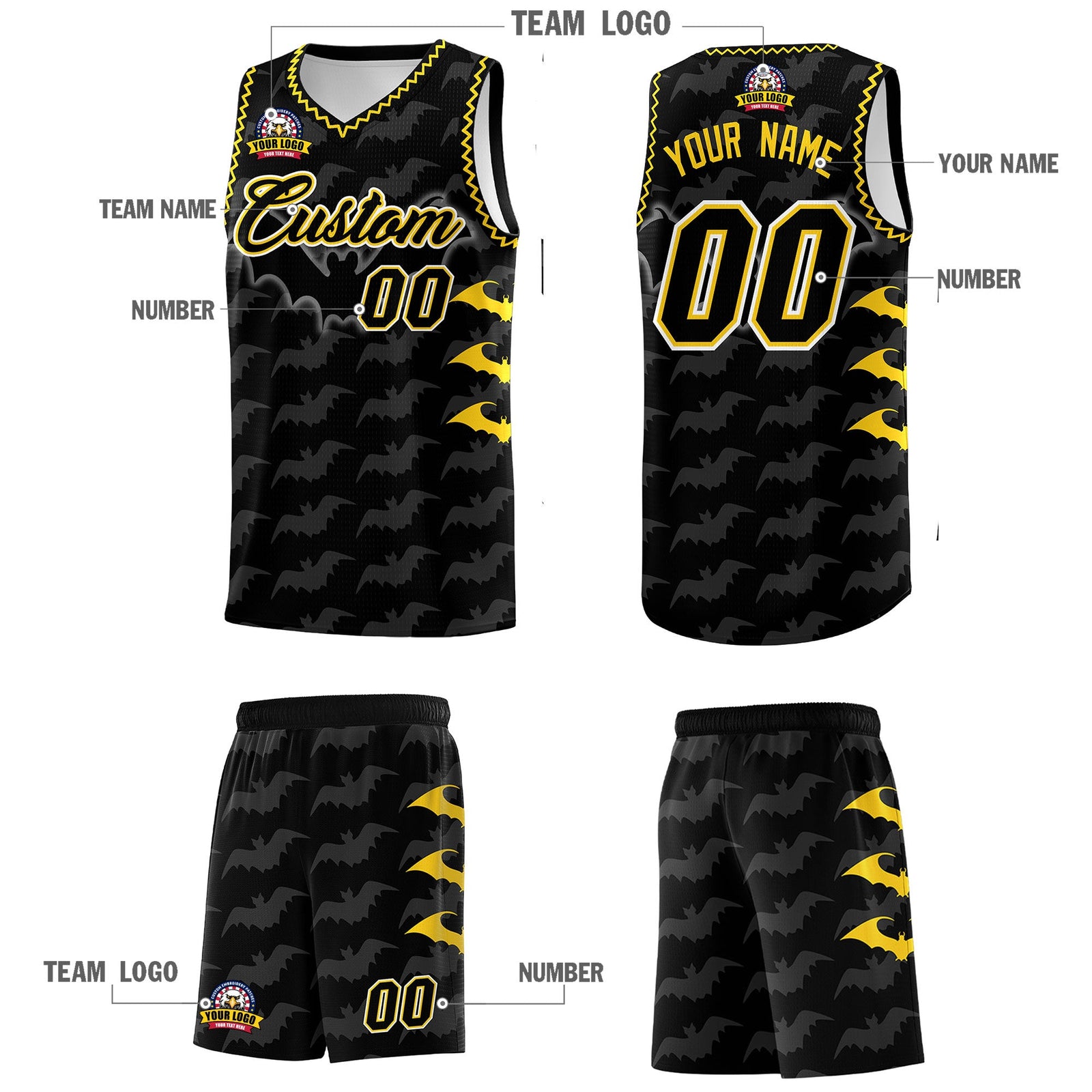 Custom Black Gold Bat Pattern Halloween Basketball Jersey | For Men,For Kid,For Youth,Sublimation Printed,Perfect for Training,Perfect for Parties,Add Name and Numbern | KXKSHOP