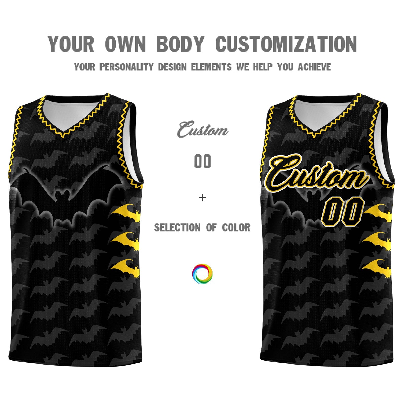 Custom Black Gold Bat Pattern Halloween Basketball Jersey | For Men,For Kid,For Youth,Sublimation Printed,Perfect for Training,Perfect for Parties,Add Name and Numbern | KXKSHOP
