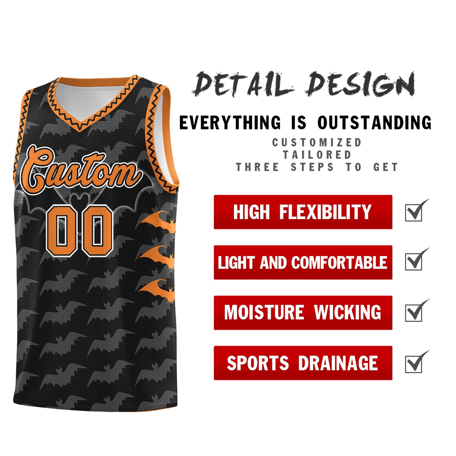 Custom Black Gold Orange Bat Pattern Halloween Basketball Jersey | For Men,For Kid,For Youth,Sublimation Printed,Perfect for Training,Perfect for Parties,Add Name and Numbern | KXKSHOP