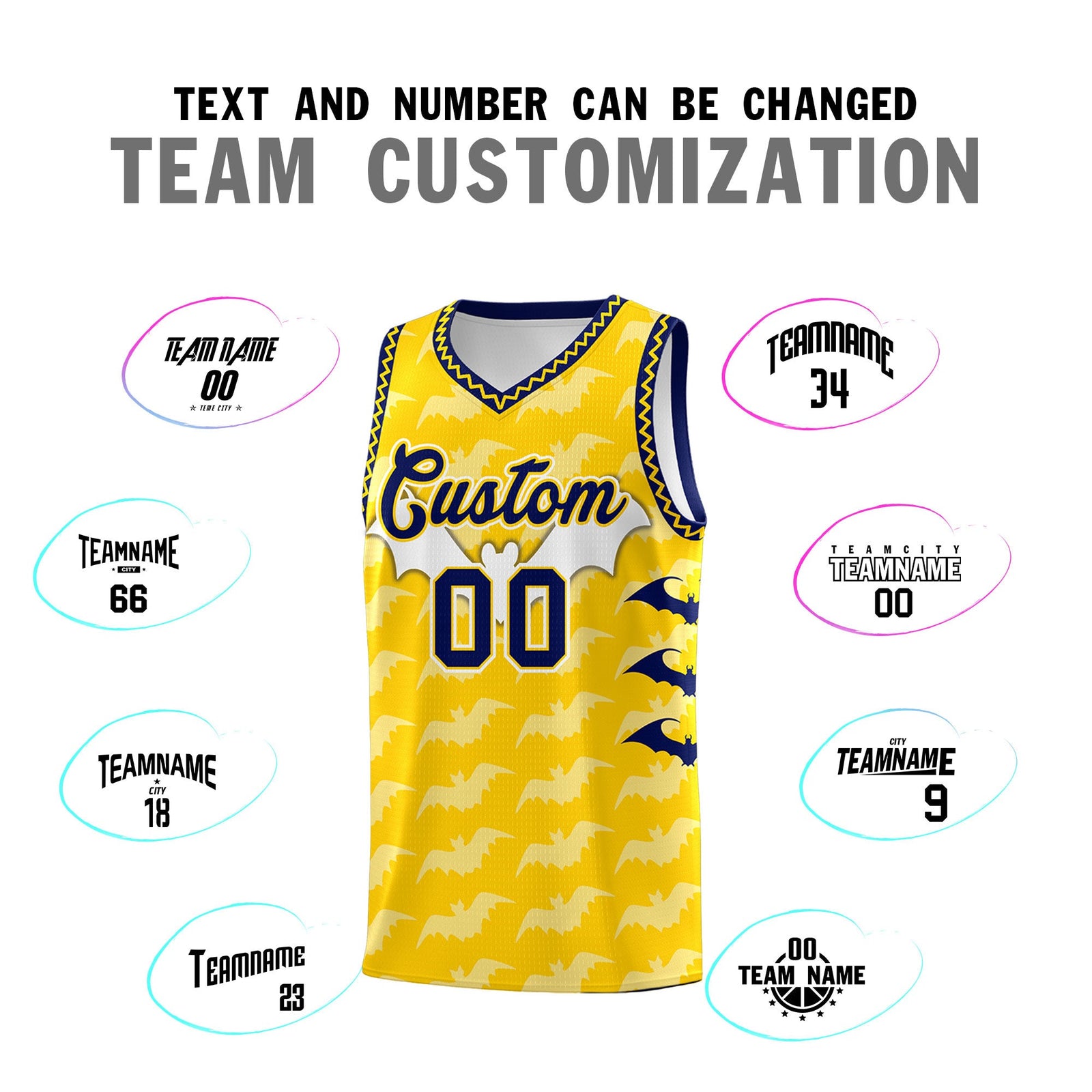 Custom Gold White Navy Bat Pattern Halloween Basketball Jersey | For Men,For Kid,For Youth,Sublimation Printed,Perfect for Training,Perfect for Parties,Add Name and Numbern | KXKSHOP