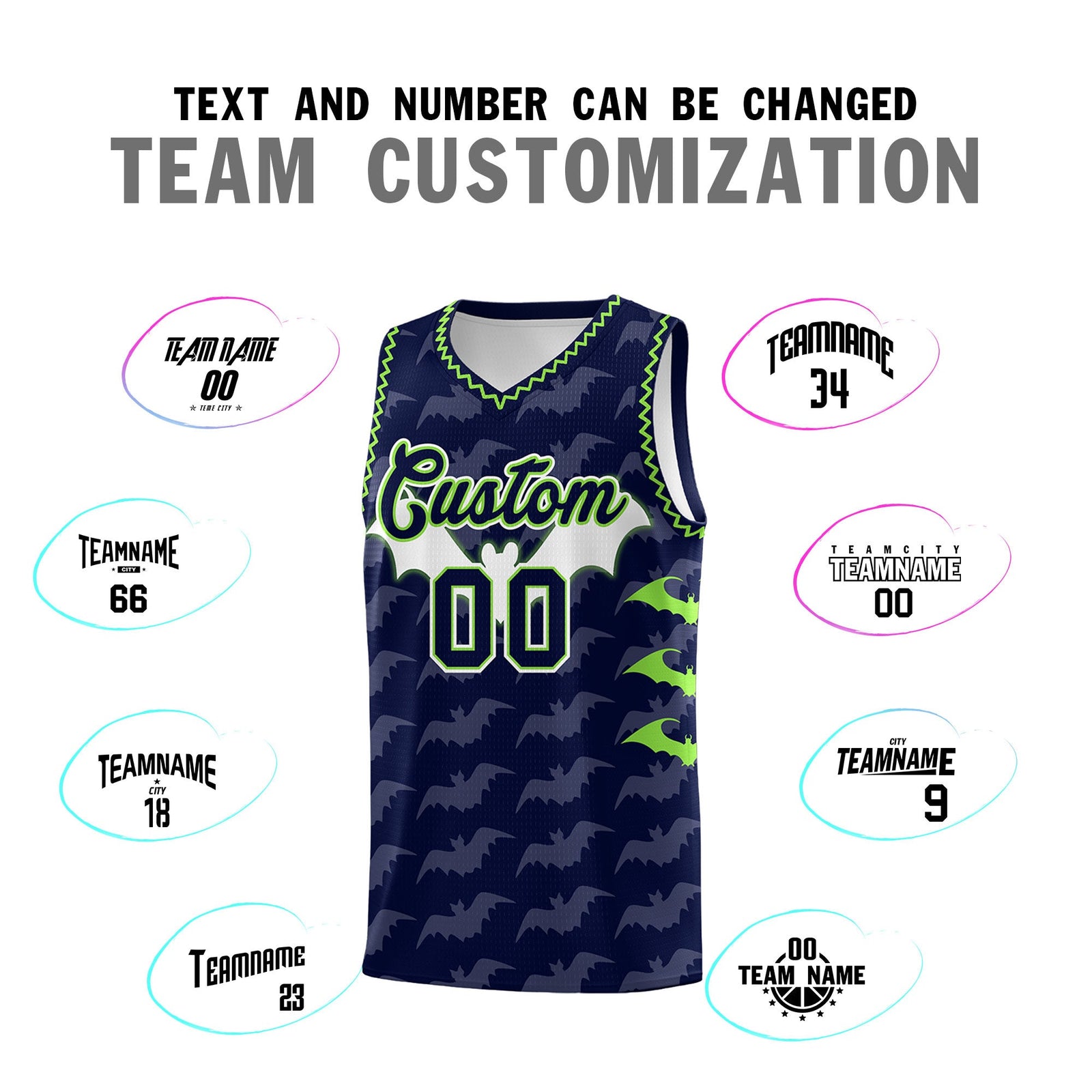 Custom Navy Fluorescent Green Bat Pattern Halloween Basketball Jersey | For Men,For Kid,For Youth,Sublimation Printed,Perfect for Training,Perfect for Parties,Add Name and Numbern | KXKSHOP