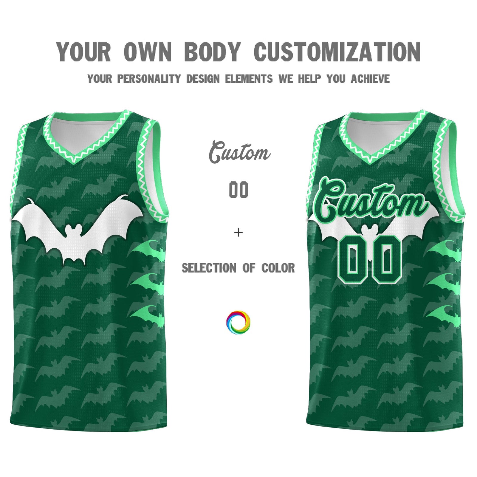 Custom Kelly Green White Green Bat Pattern Halloween Basketball Jersey | For Men,For Kid,For Youth,Sublimation Printed,Perfect for Training,Perfect for Parties,Add Name and Numbern | KXKSHOP