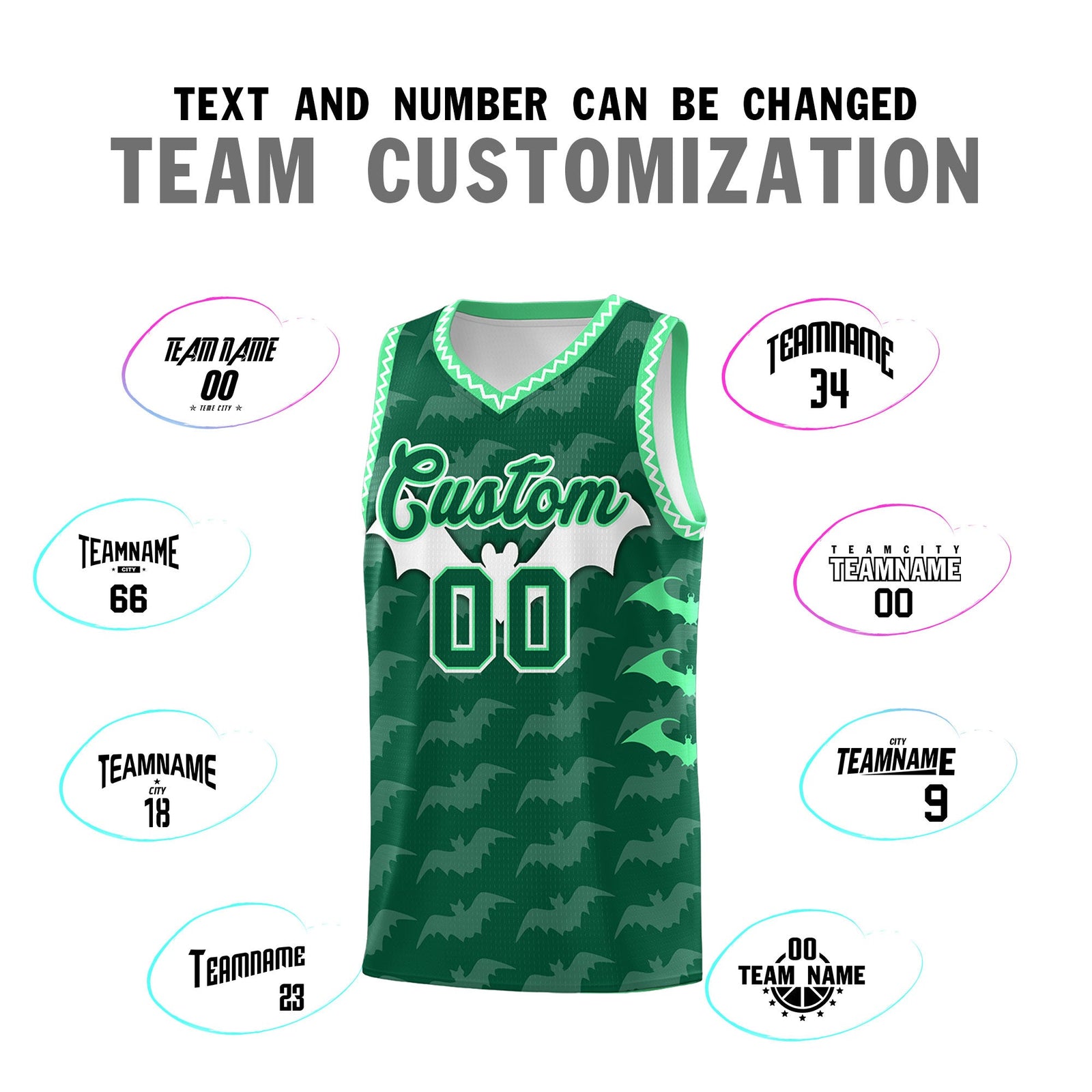 Custom Kelly Green White Green Bat Pattern Halloween Basketball Jersey | For Men,For Kid,For Youth,Sublimation Printed,Perfect for Training,Perfect for Parties,Add Name and Numbern | KXKSHOP