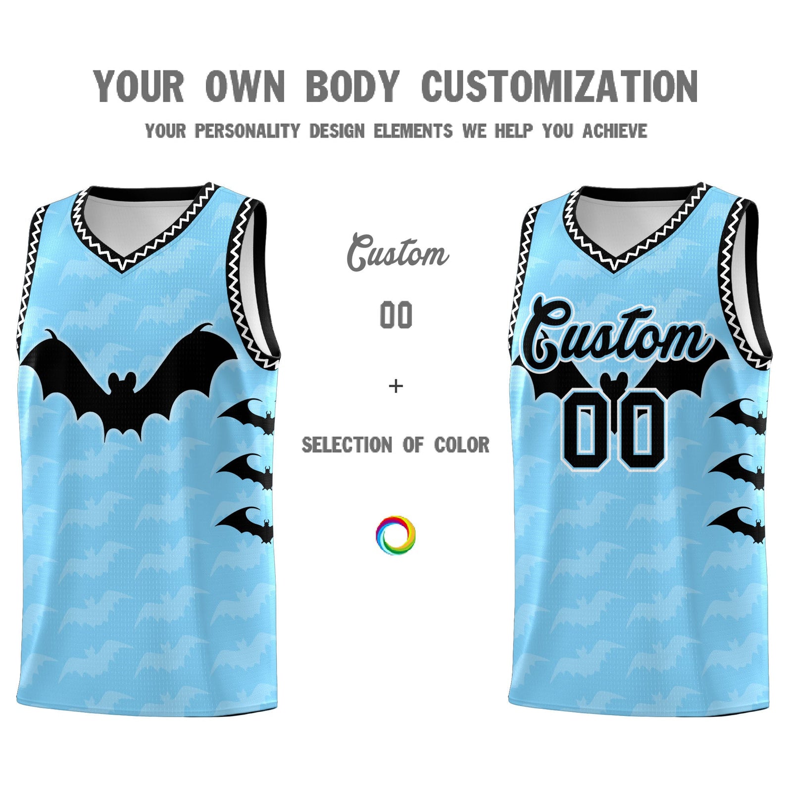 Custom Light Blue White Black Bat Pattern Halloween Basketball Jersey | For Men,For Kid,For Youth,Sublimation Printed,Perfect for Training,Perfect for Parties,Add Name and Numbern | KXKSHOP