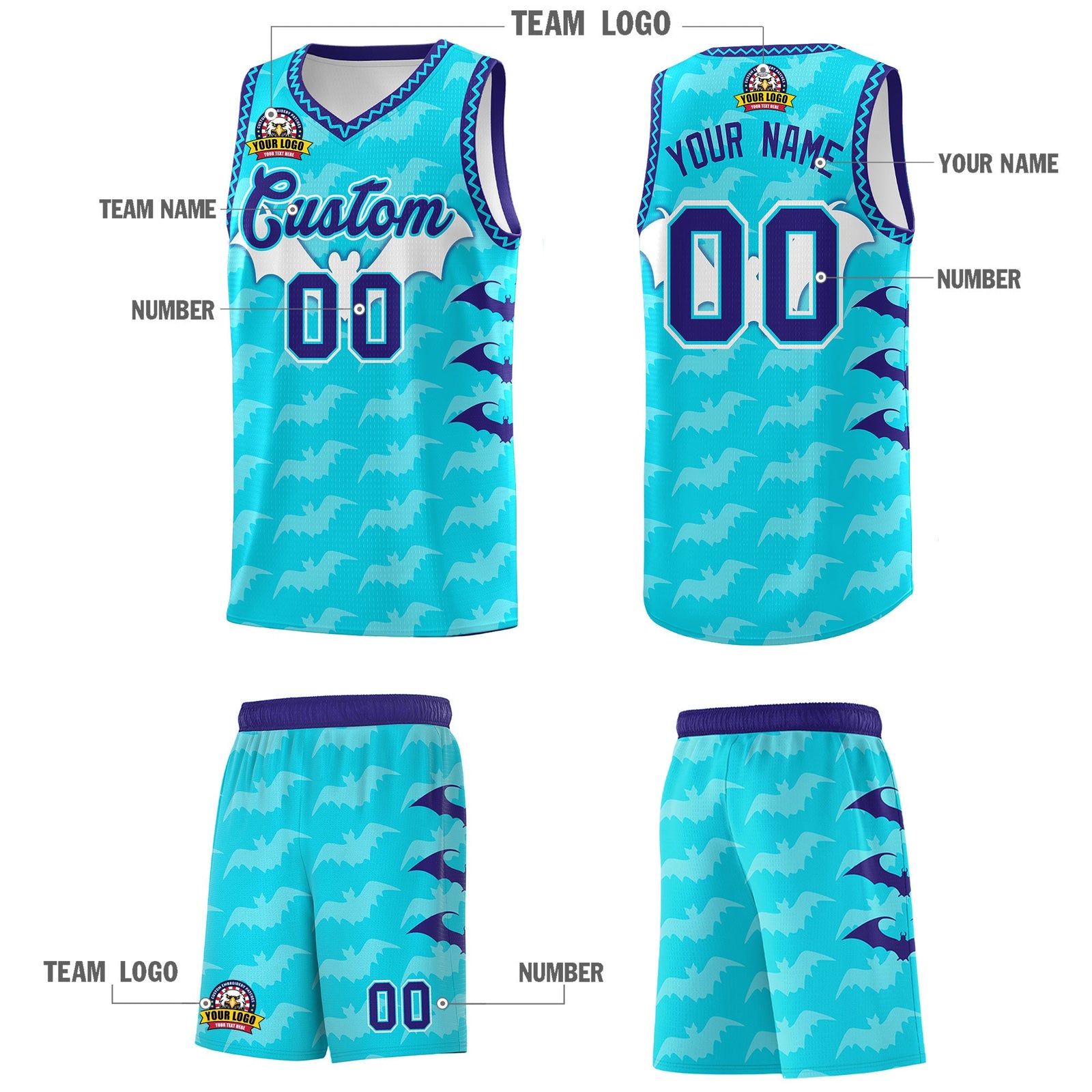 Custom Sky Blue Bat Pattern Halloween Basketball Jersey | For Men,For Kid,For Youth,Sublimation Printed,Perfect for Training,Perfect for Parties,Add Name and Numbern | KXKSHOP